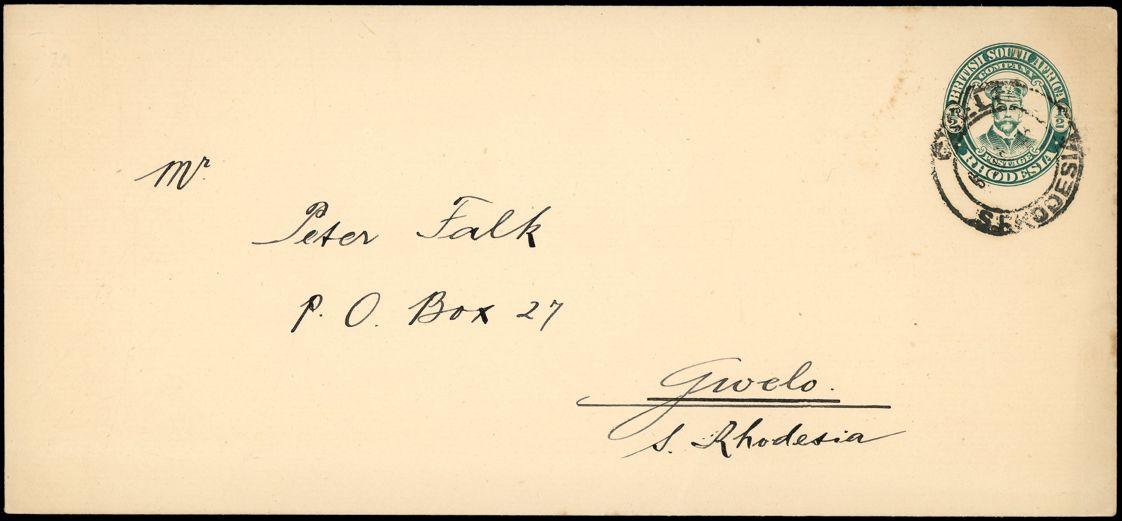 1923 ½d green "Admiral" envelope used locally from Gwelo
