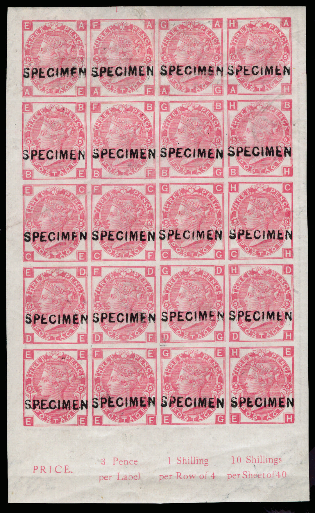 1867 3d Rose Pl.5. imperforate pane overprinted 'SPECIMEN' SG103var