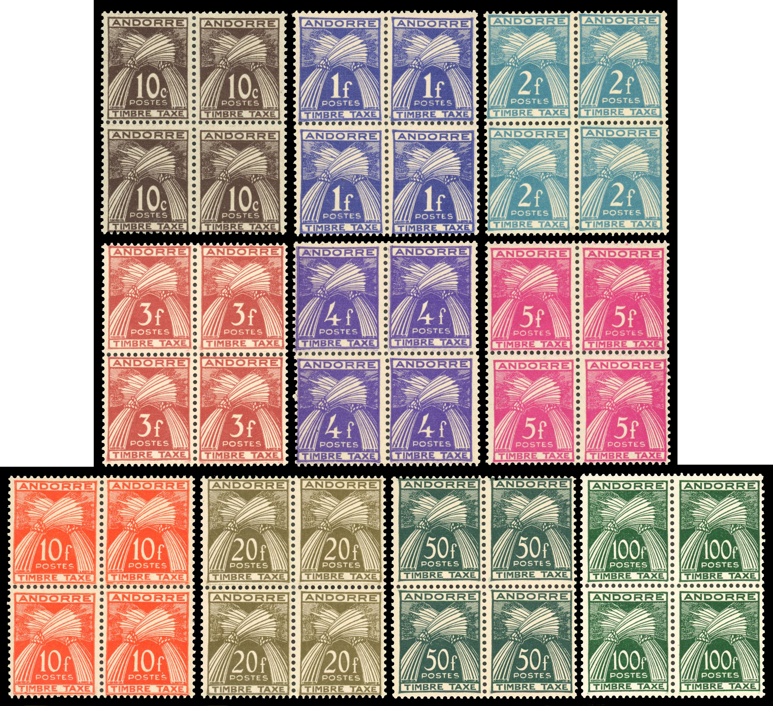 French Andorra 1946-59 Postage Due set of 10 in blocks 4 unmounted mint, SG FD143/FD152