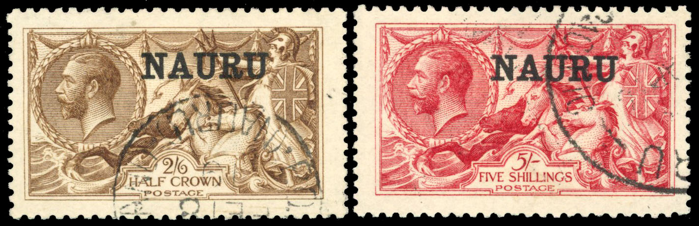 1916 2s6d brown and 5s bright carmine De La Rue printings fine used. SG 21, 22 