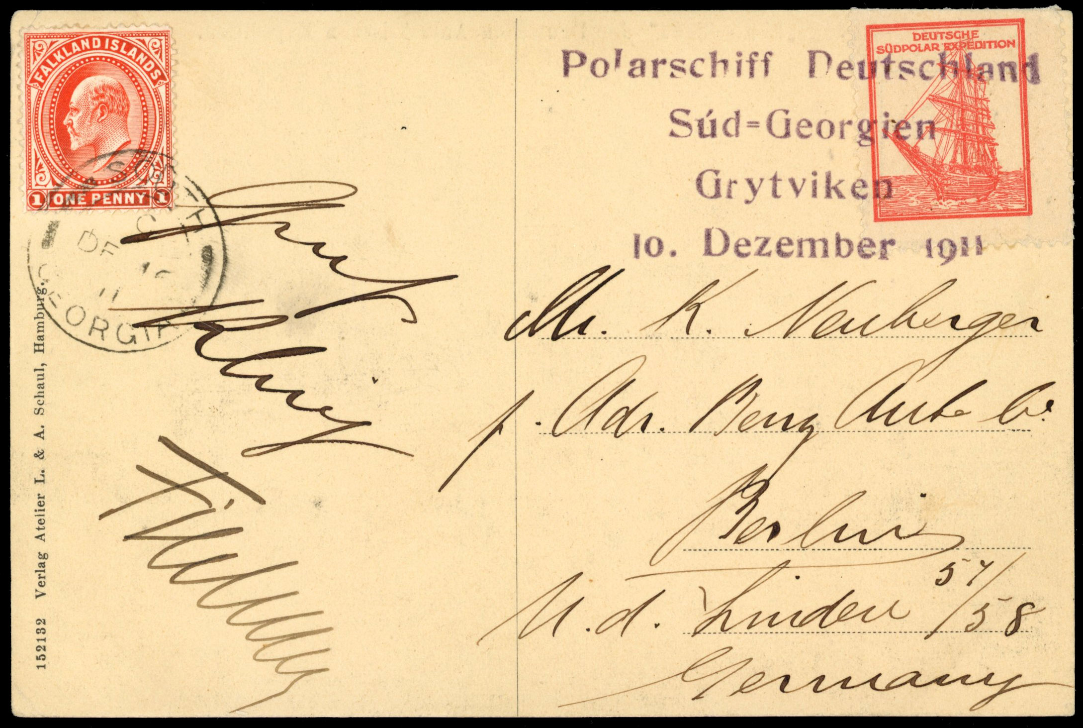 1911 German South Polar Exhibition PPC to Berlin cancelled South Georgia