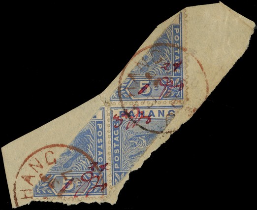 1897 2c and 3c each on half of 5c blue, the Kuala Lipis manuscript provisional, divided diagonally; a se-tenant strip of...