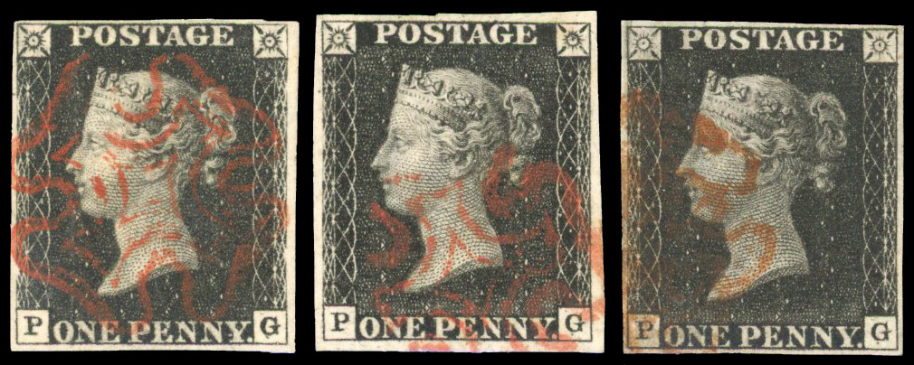 1840 1d Black Pl.6. (PG, States I, II & III). Very fine used matched trio 