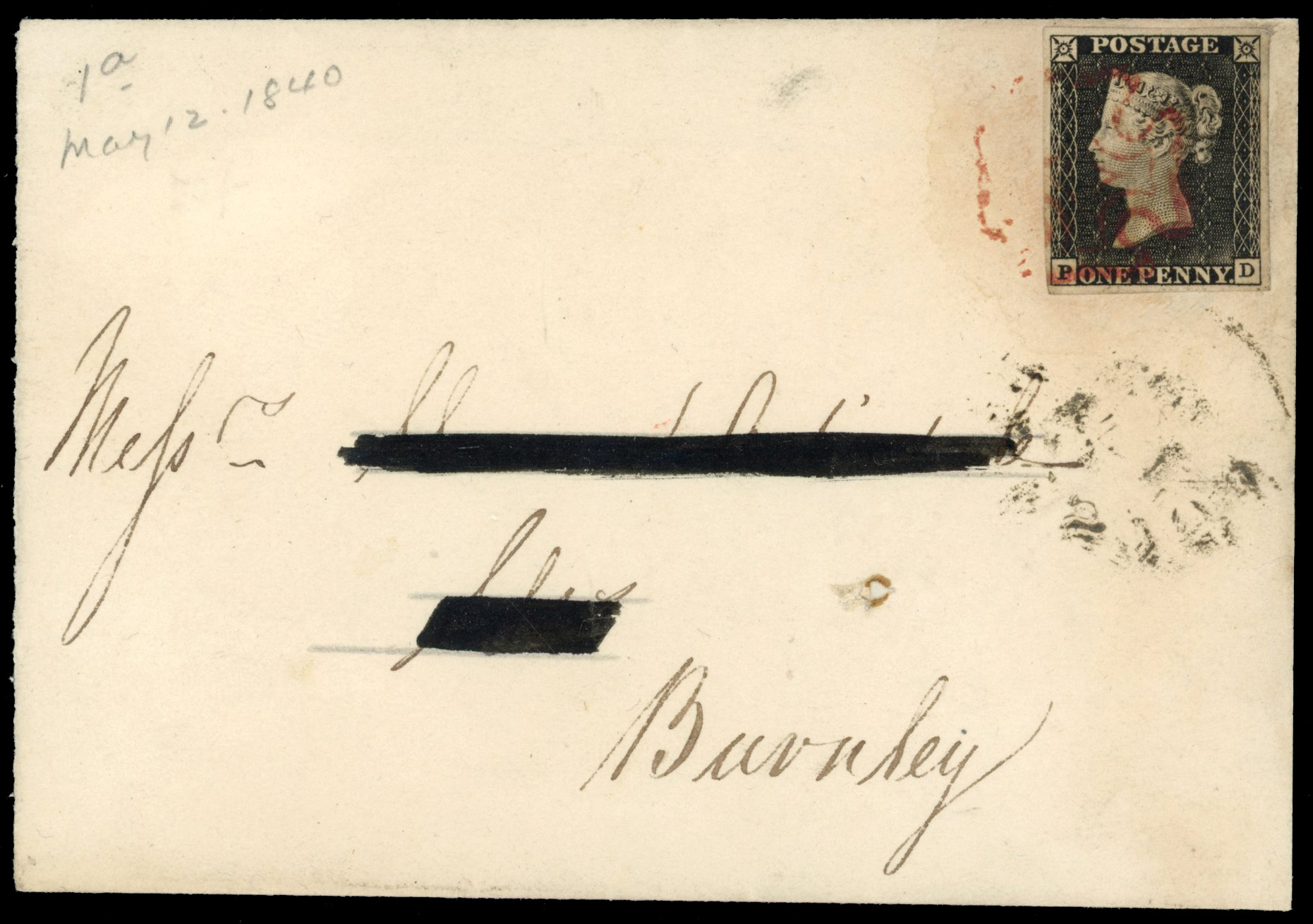 GB 1840 1d black, plate 1a (PD), close to large margins, used on large part cover