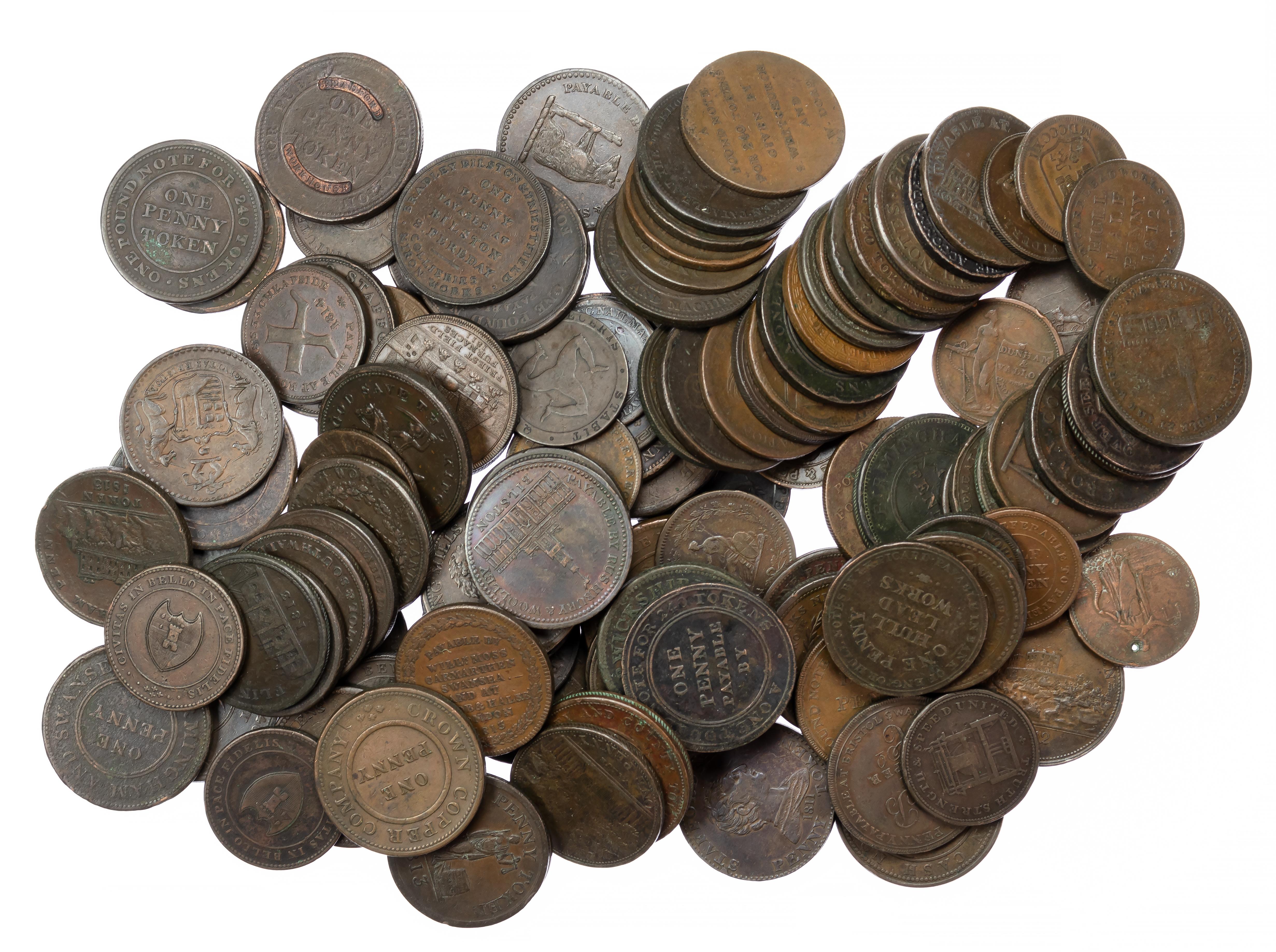 Large lot of English 19th. century tokens – Twopences (3); Pennies (84); Halfpennies (29). Generally…