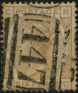 1873 6d Pale buff Pl.13. “Abnormal”. Used example 
