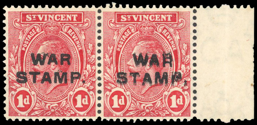 St Vincent 1916 War Stamp 1d red variety overprint double