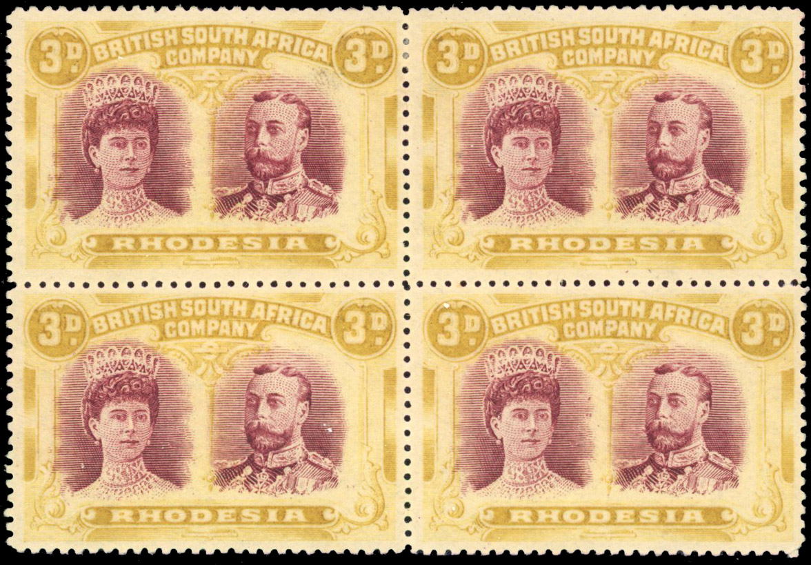 3d claret and pale yellow-ochre perf 15 SG 173a block, positions 41-7 mint