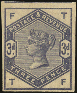 Great Britain 1884 3d Colour trial. Very fine unused o.g. imperforate example lettered TF printed on Crown waterma…