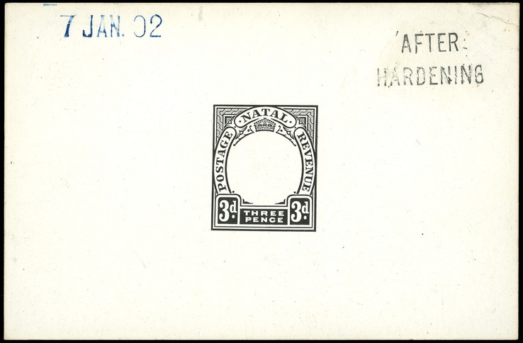 1902 Die Proof of 3d Duty Plate in black on glazed card 93 x 60mm, dated 7 JAN. 02 in blue and marked AFTER HARDENING. ...