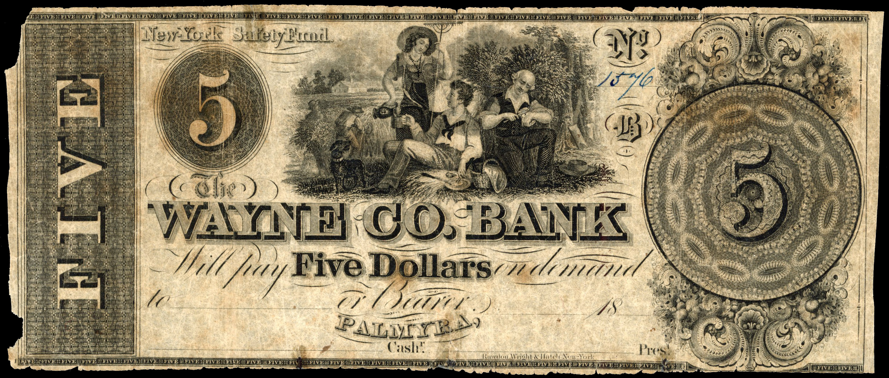 USA, NY. Palmyra, Wayne County Bank Unissued uniface Five Dollars, 18--. Apart from rages left-hand side, Fine…