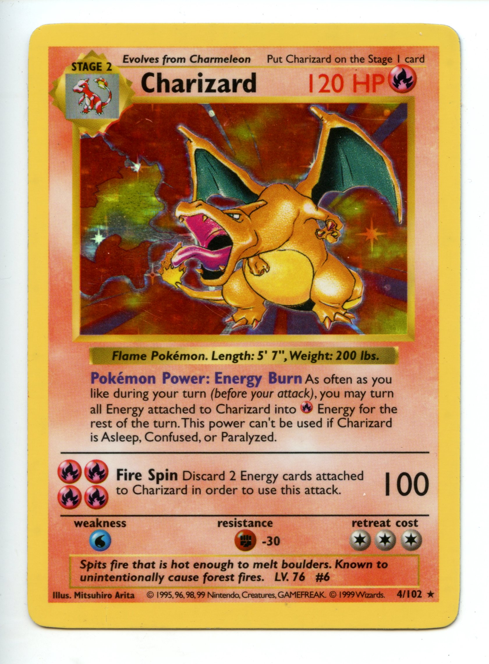 Pokemon TCG  - Charizard  HOLO  - Base Set Shadowless - Heavily Played 