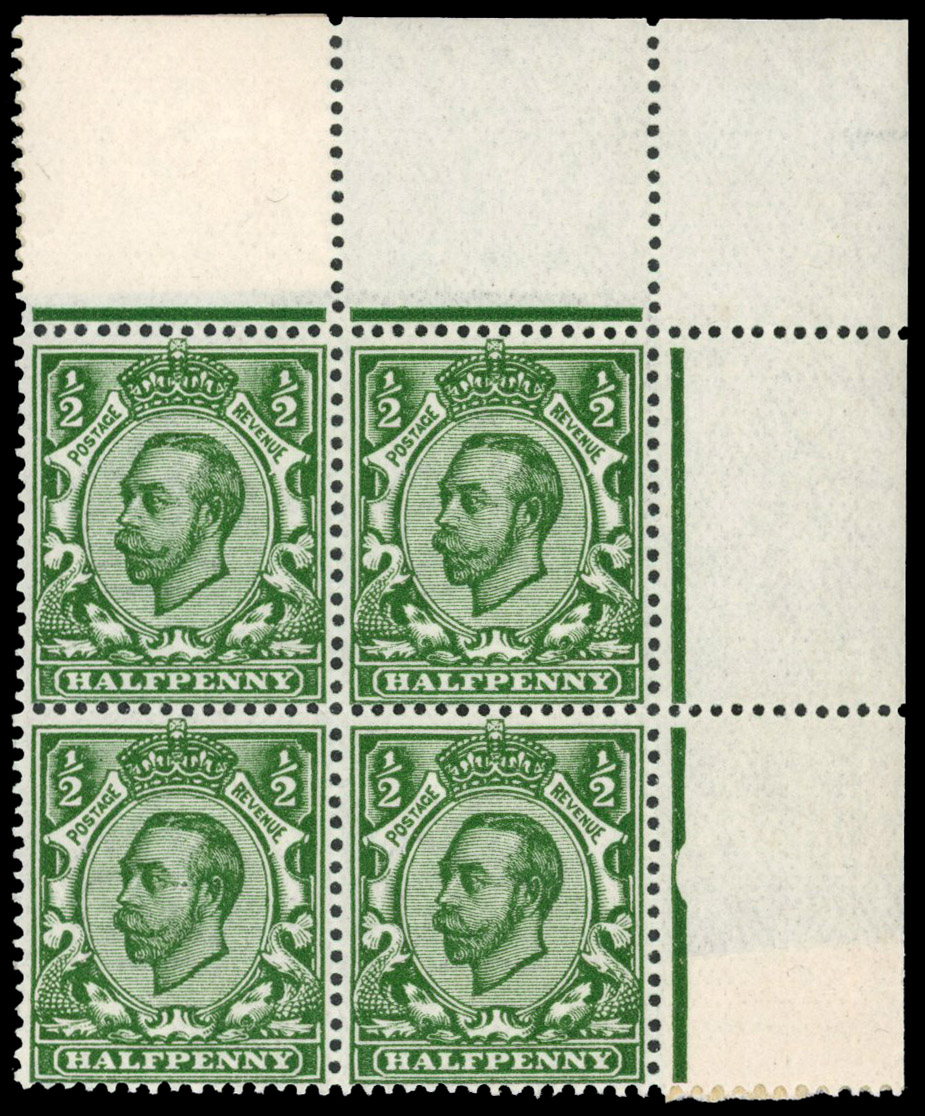 1912 ½d Myrtle green (Die 2, Wmk. Crown). Very fine unused o.g. top right hand corner marginal block