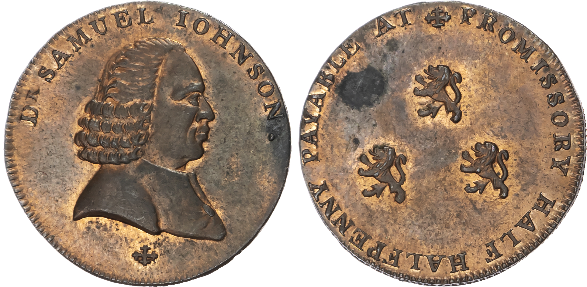 Warks. Birmingham, Westwood’s Half halfpenny (late 1790s) Bust of Samuel Johnson right, rev. three lions rampa…