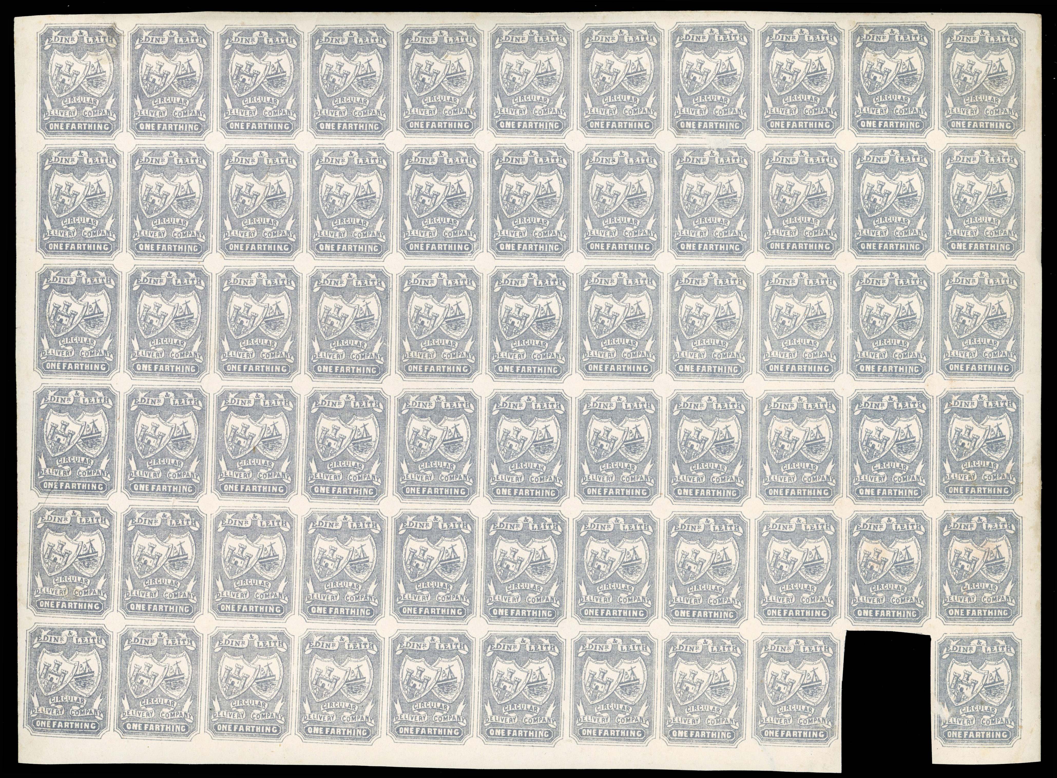 GB Circular Delivery Companies. Edinburgh & Leith 1865-66 ¼d grey-lilac, mint imperforate sheet of sixty (1 stamp removed)