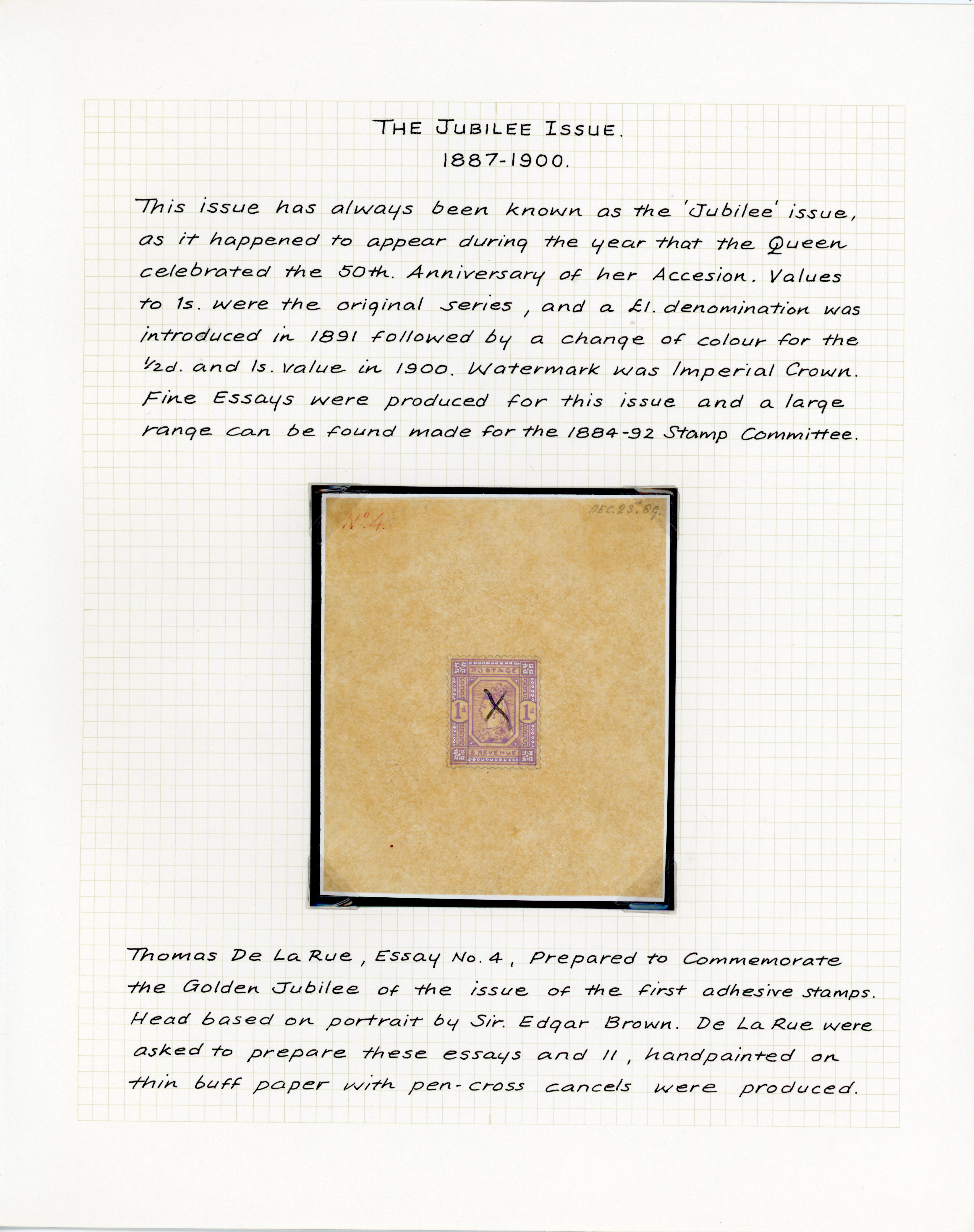 GB 1889 hand-painted essay for Jubilee 1s value