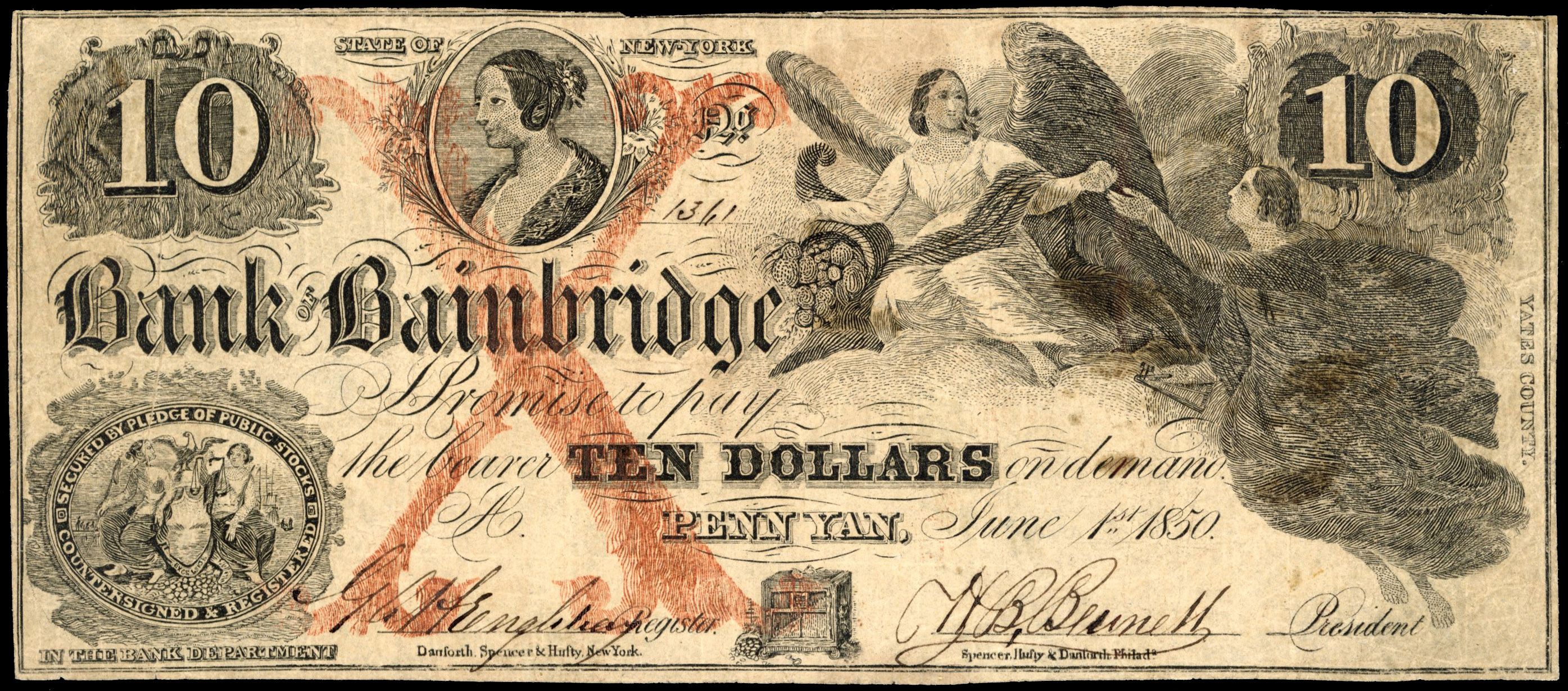 USA, NY. Penn Yan, Bank of Bainbridge, Uniface Ten Dollars, 1 Jun. 1850. Good Fine, complete, very rare.…