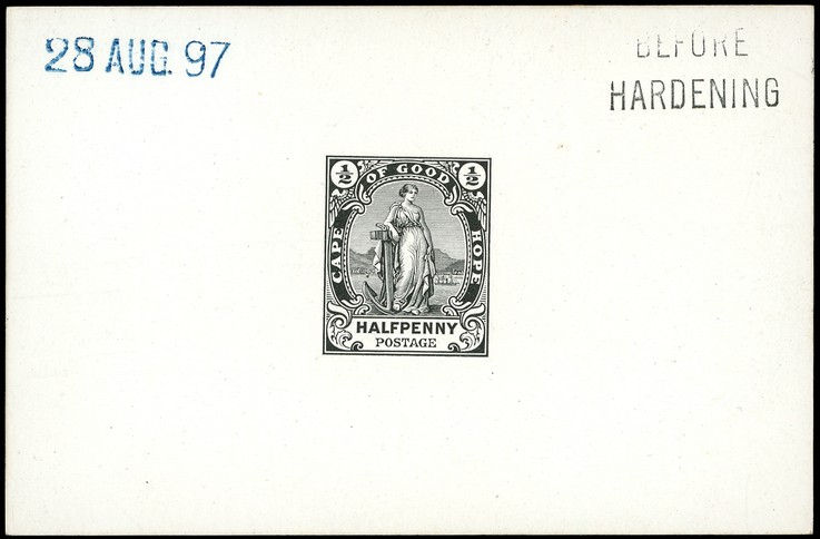 1893-1902 ½d Die Proof in black on glazed card (92 x 60mm), marked BEFORE HARDENING and dated 28 AUG 97, very fine.  For SG...