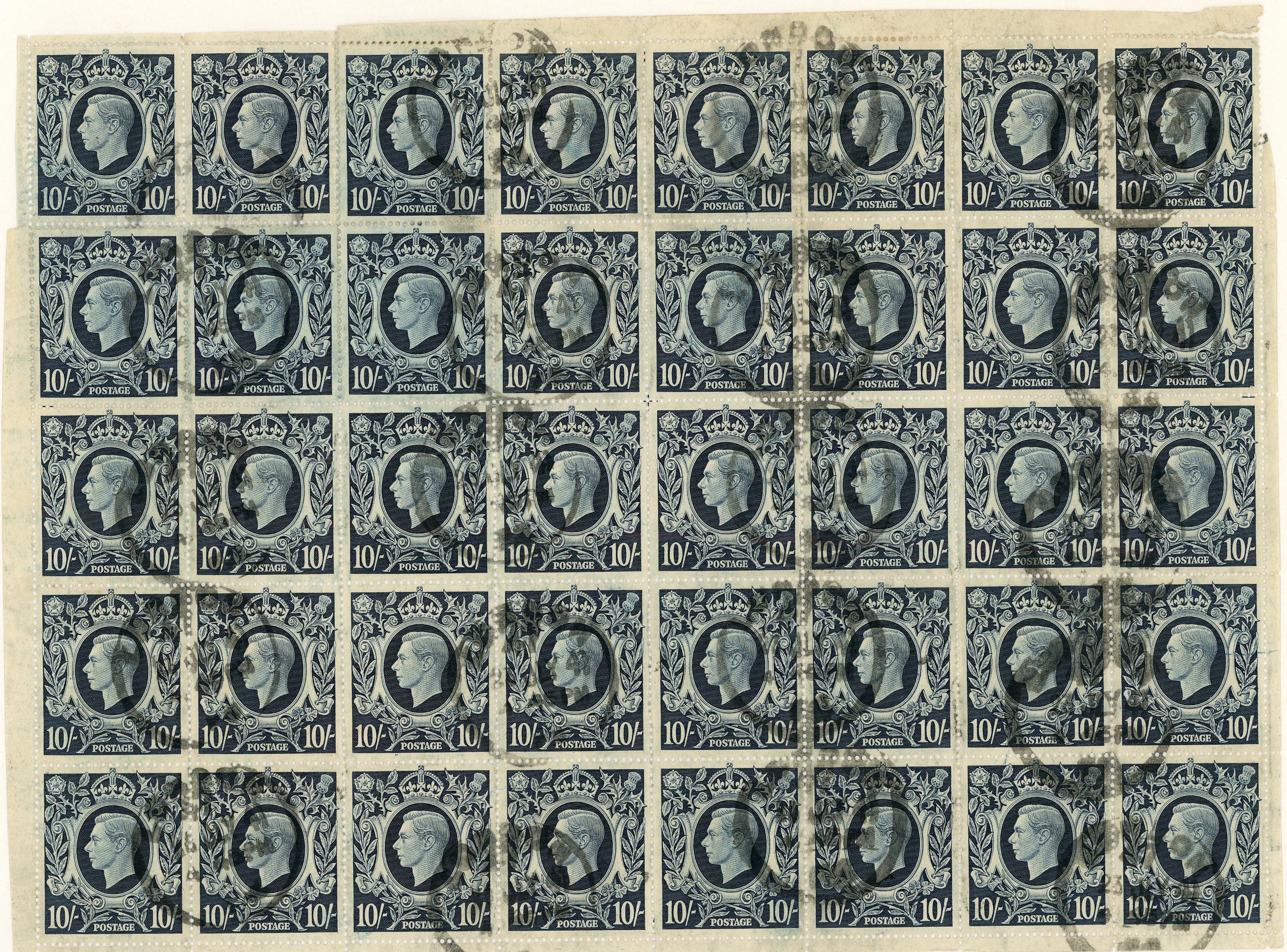 Great Britain 1939-48 10s dark block of thirty-eight plus an additional block of six,...