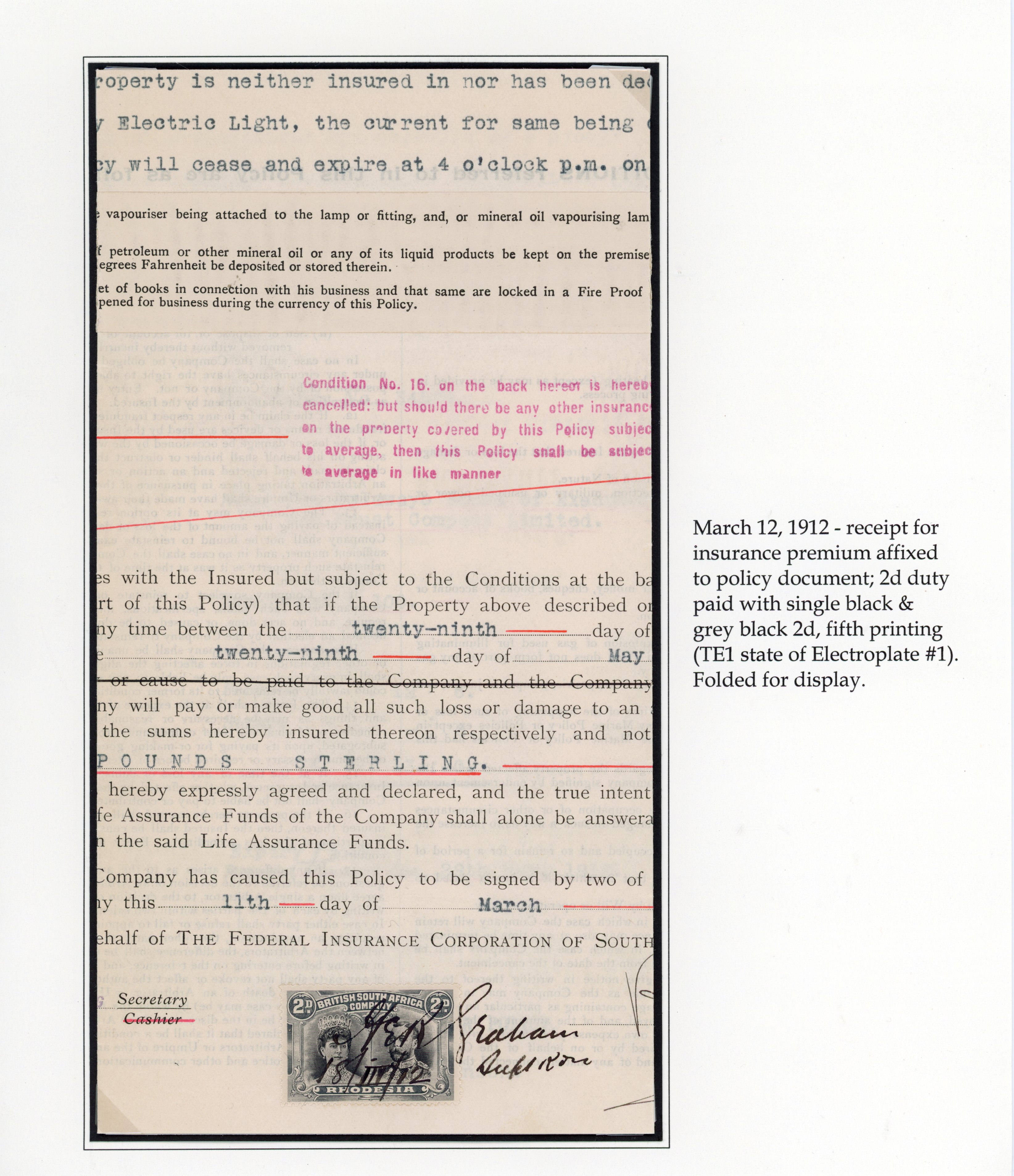Rhodesia 1912 Insurance Policy receipt with 2d Double Head