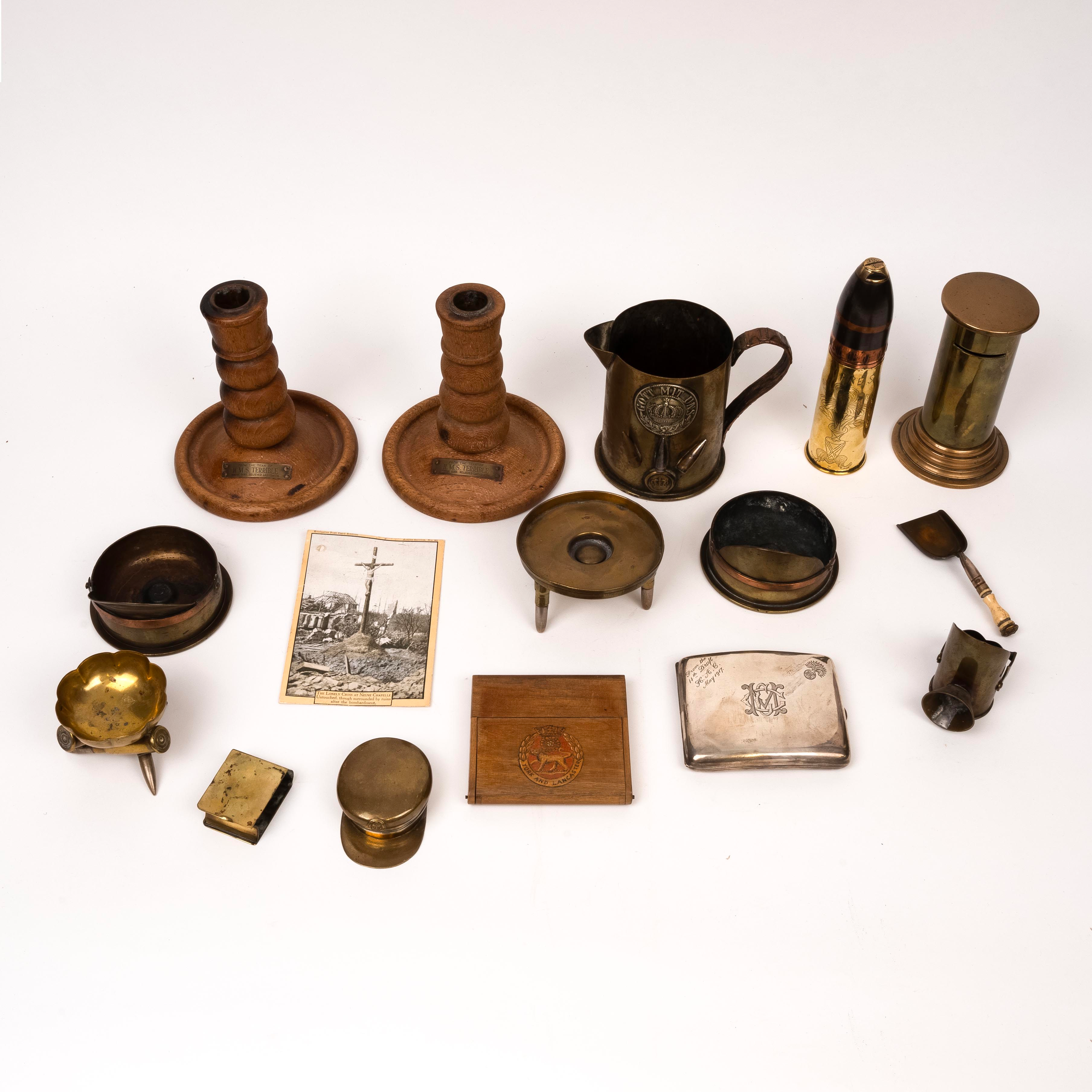 Trench Art - includes Candlesticks made from the Teak of HMS Terrible whose guns relieved Ladysmith etc