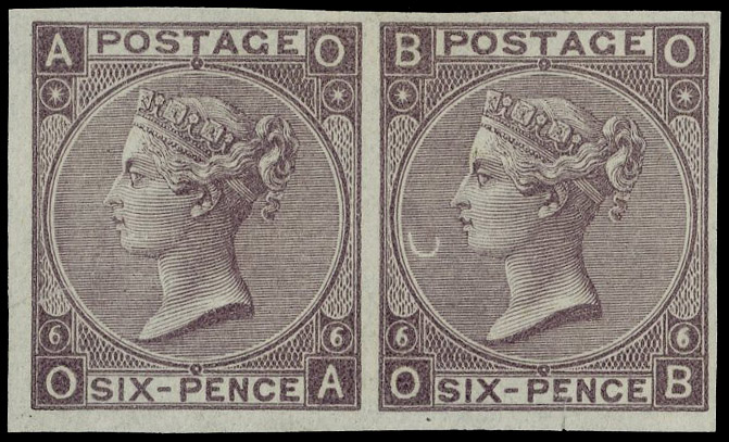 1867 6d Deep lilac Pl.6. Very fine imperforate plate proof horizontal pair printed on thin ungummed, unwatermarked paper…
