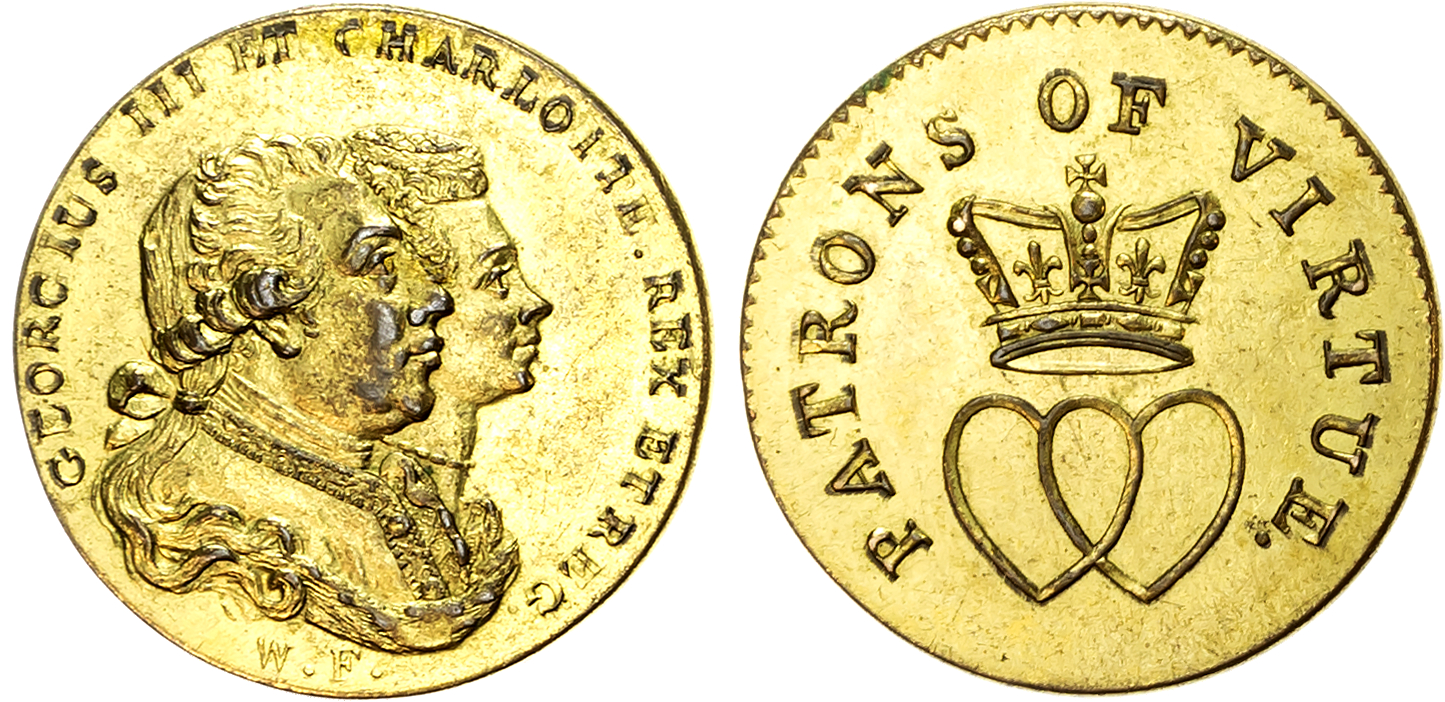 London,  National Series, Farthing size Medalets, George III & Queen Charlotte, rev. Lyre and palm branch, edge plain, 2 …