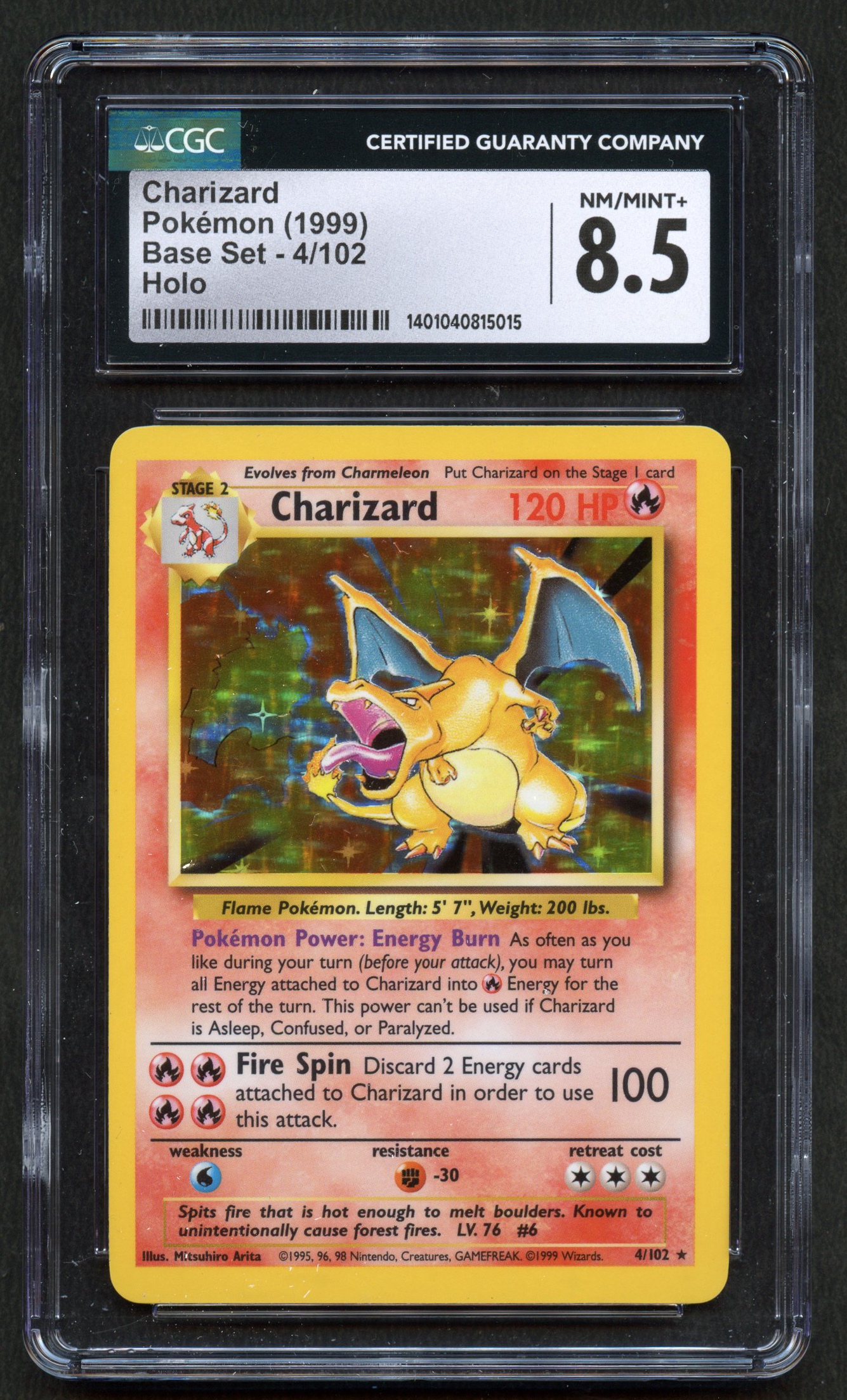 8.5 NM/MINT+ Charizard 1999 Base Set - Unlimited 4/102 Holo