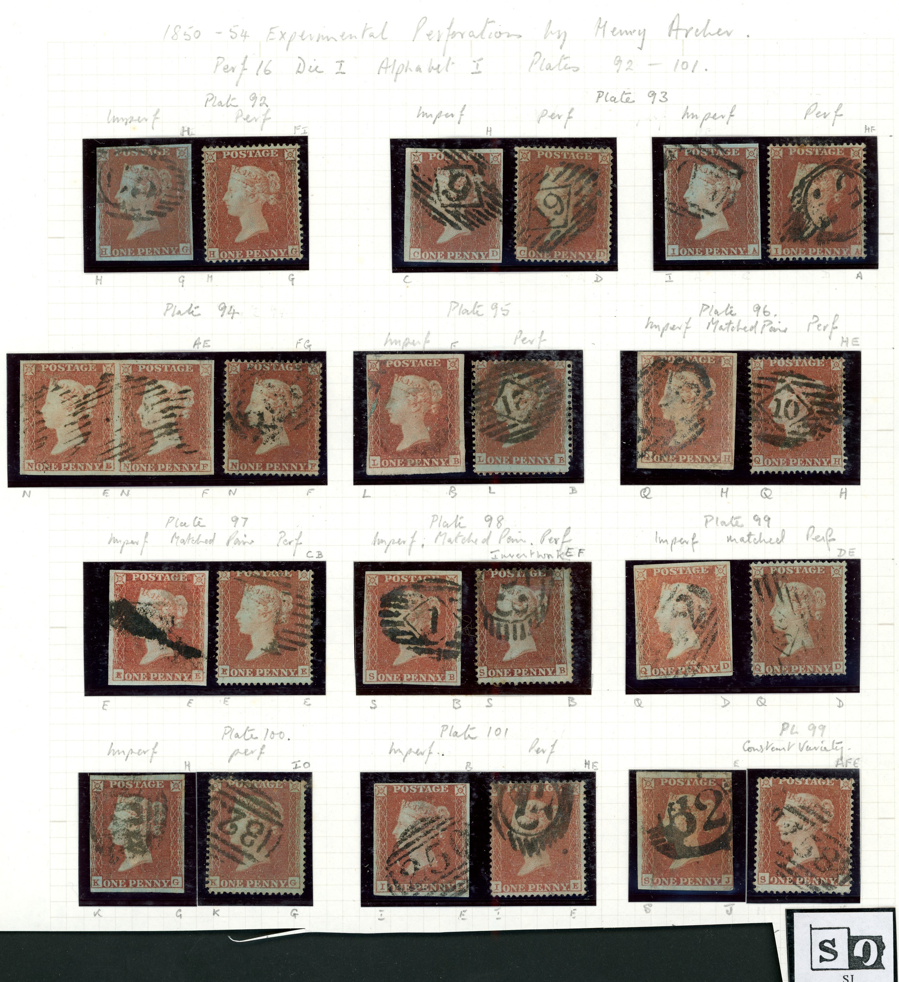 1850 1d Red brown Pl.92-101 (Archer trial perforation) group of used matched...