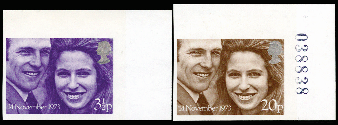 GB 1973 3½p-20p "Royal Wedding". Superb unmounted o.g top right hand corner marginal set of two imperfo… SG941/2var