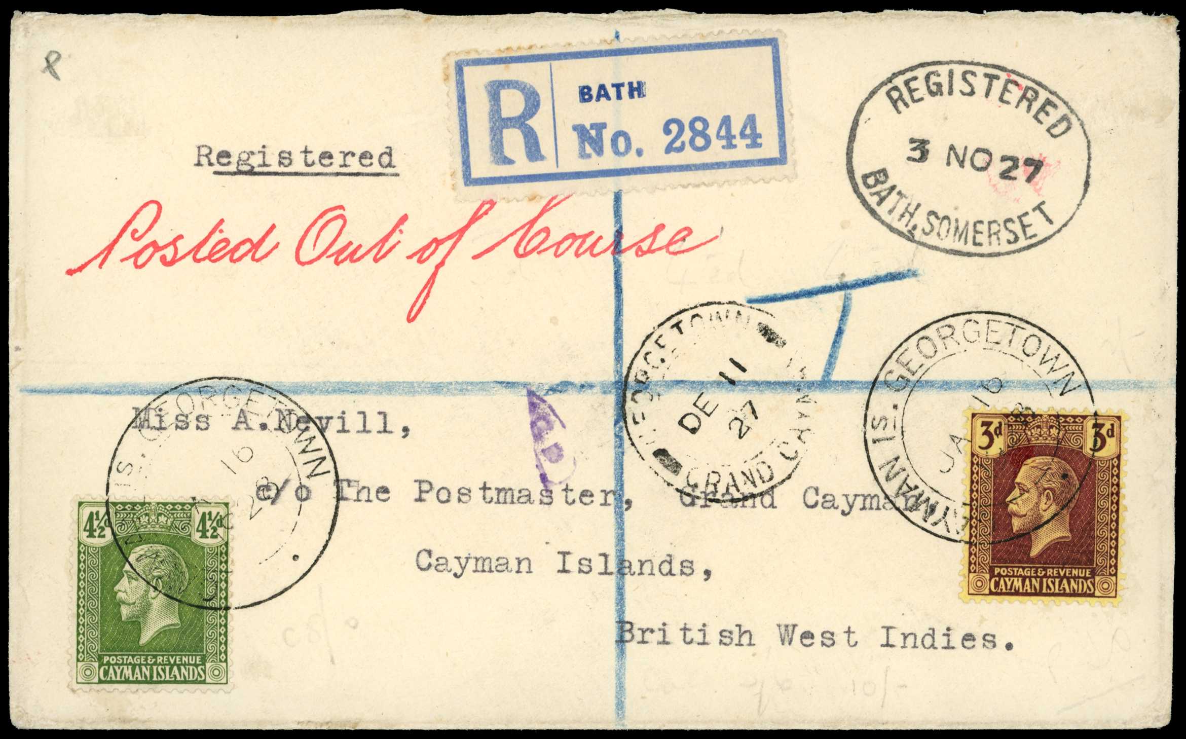 1927 Registered unfranked cover from Bath...