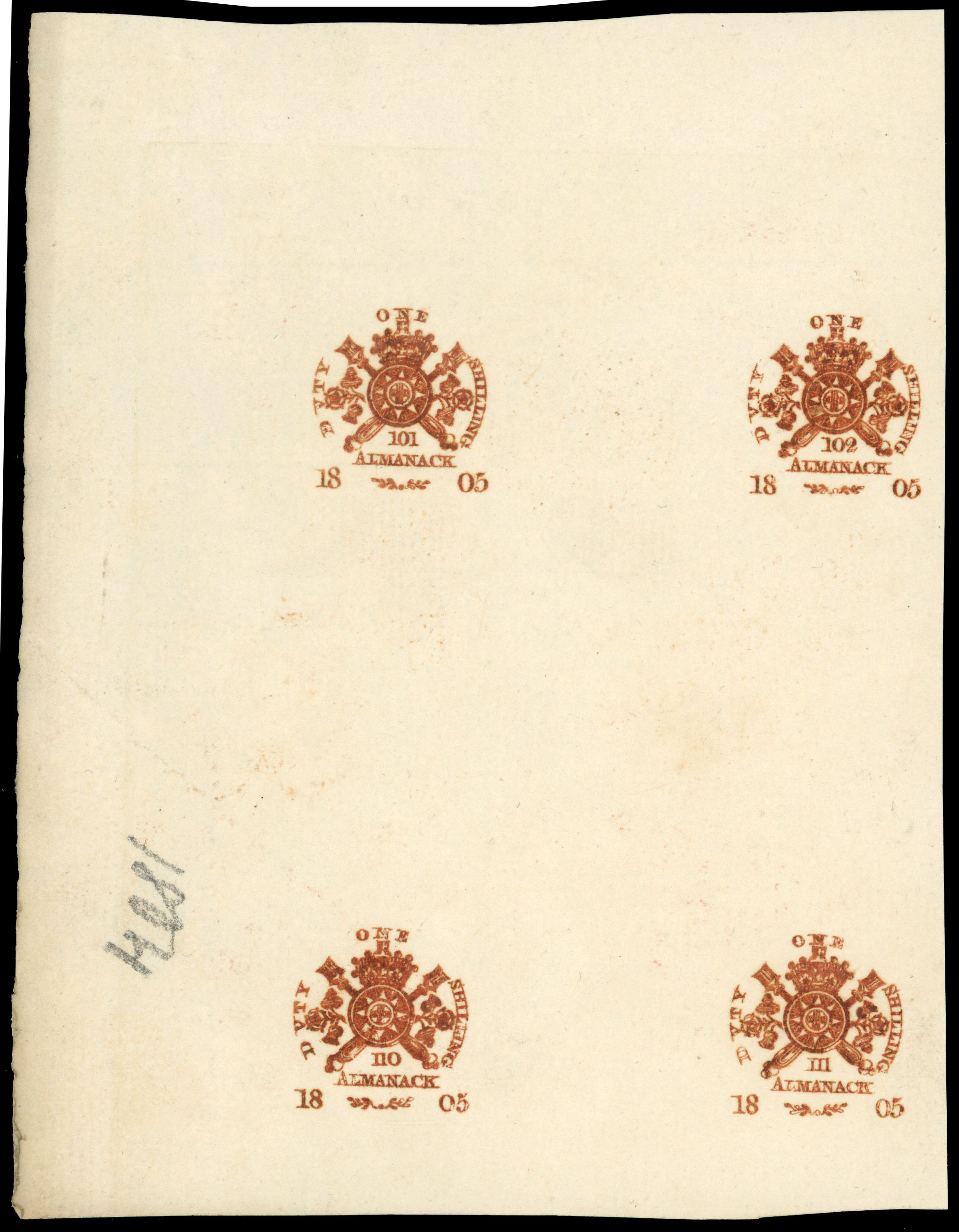 GB Great Britain Revenue 1804 Almanack Duty Chestnut Proof on Laid Paper block of 4