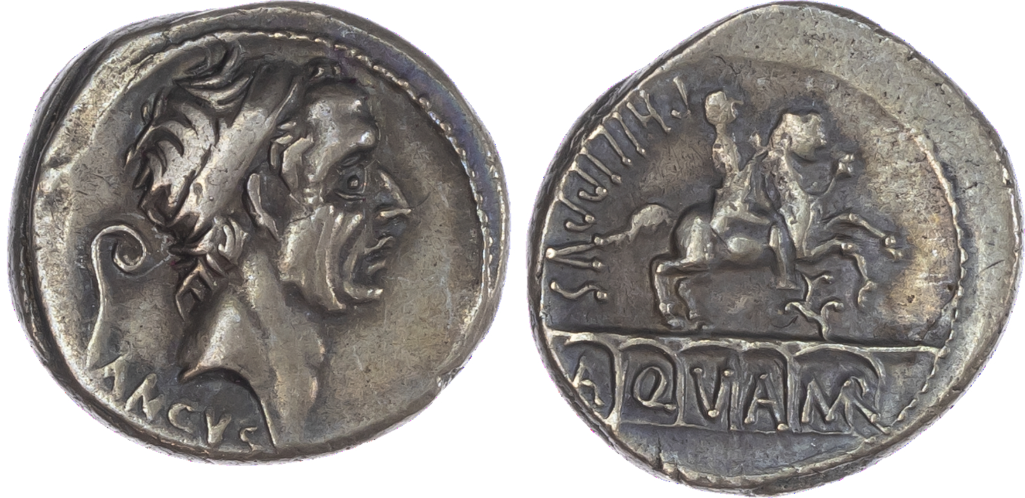 L. Marcius Philippus (57 BC) AR Denarius, Rome, 4.21g. ANCVS, diademed head of Ancus Marcius facing right, lituus behind.