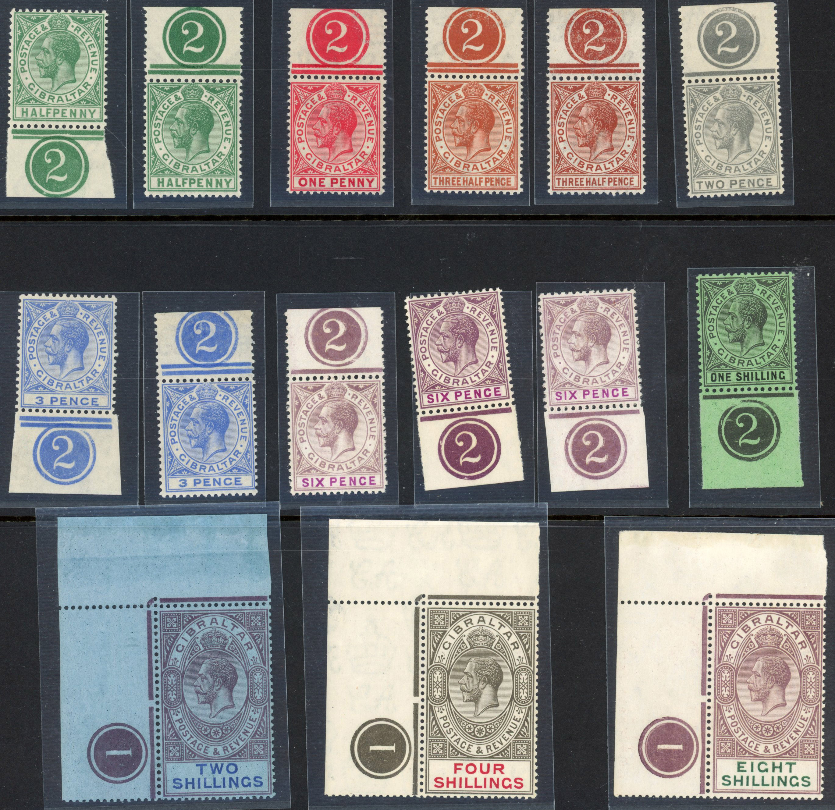 Gibraltar SG 89/101 1921-7 set Plate number examples mint