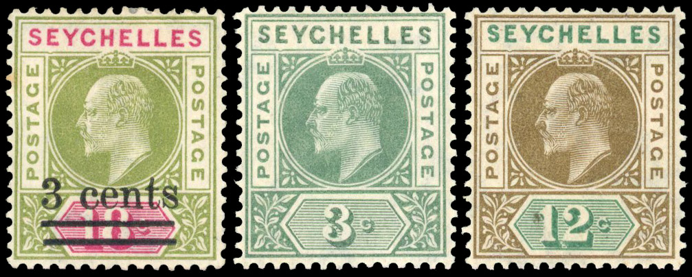 1903 3c on 18c sage-green and carmine, 1906 3c dull green and 12c olive-sepia and dull green