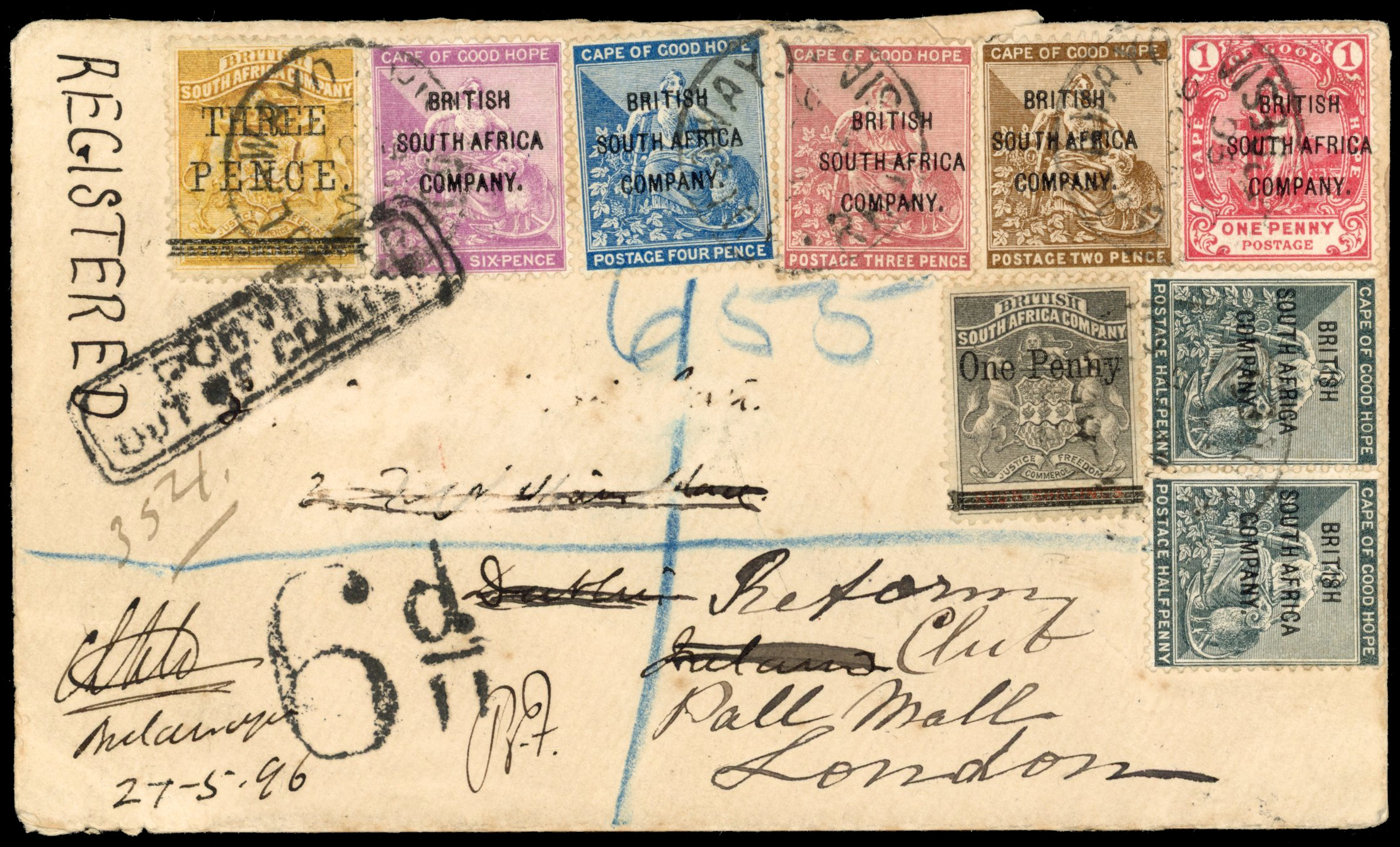 Rhodesia SG 52-63 1896 philatelic cover, unusual multiple franking