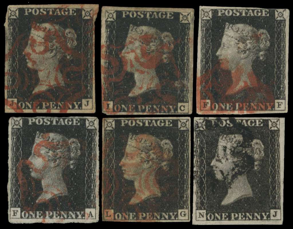 GB 1840 1d black unplated used selection of six