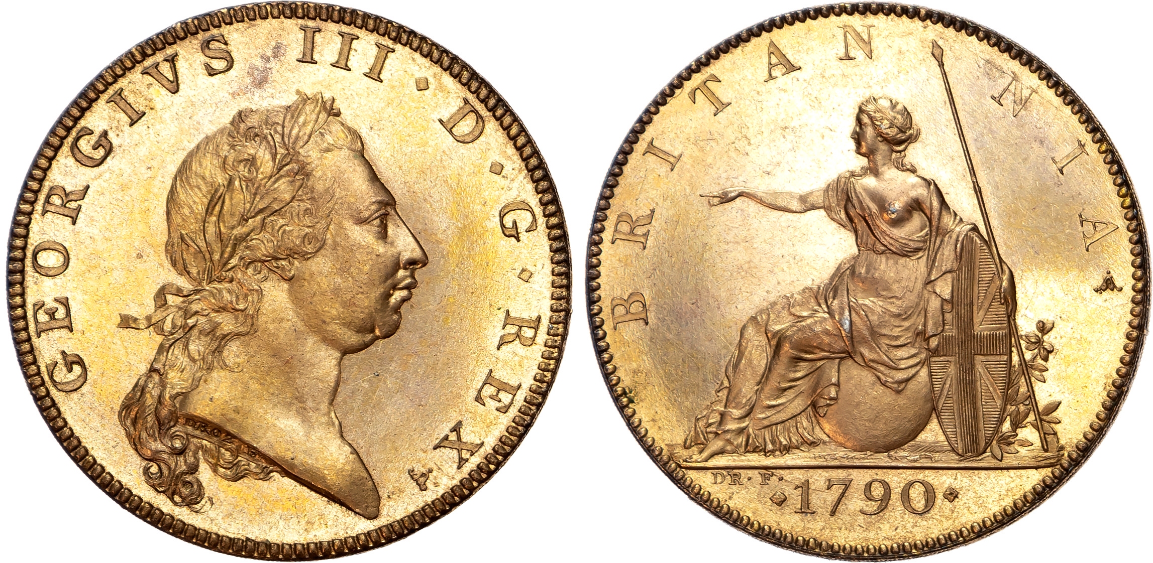 George III (1760-1820), Pattern Brown-Gilt Halfpenny, 1790, Soho, by Droz