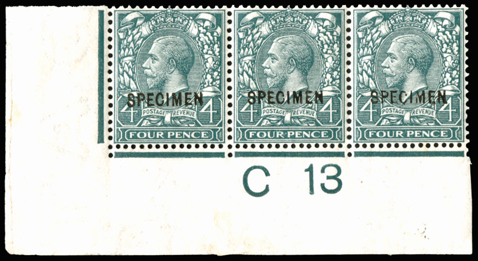 GB 1913 SG 379s 4d Control strip Specimen