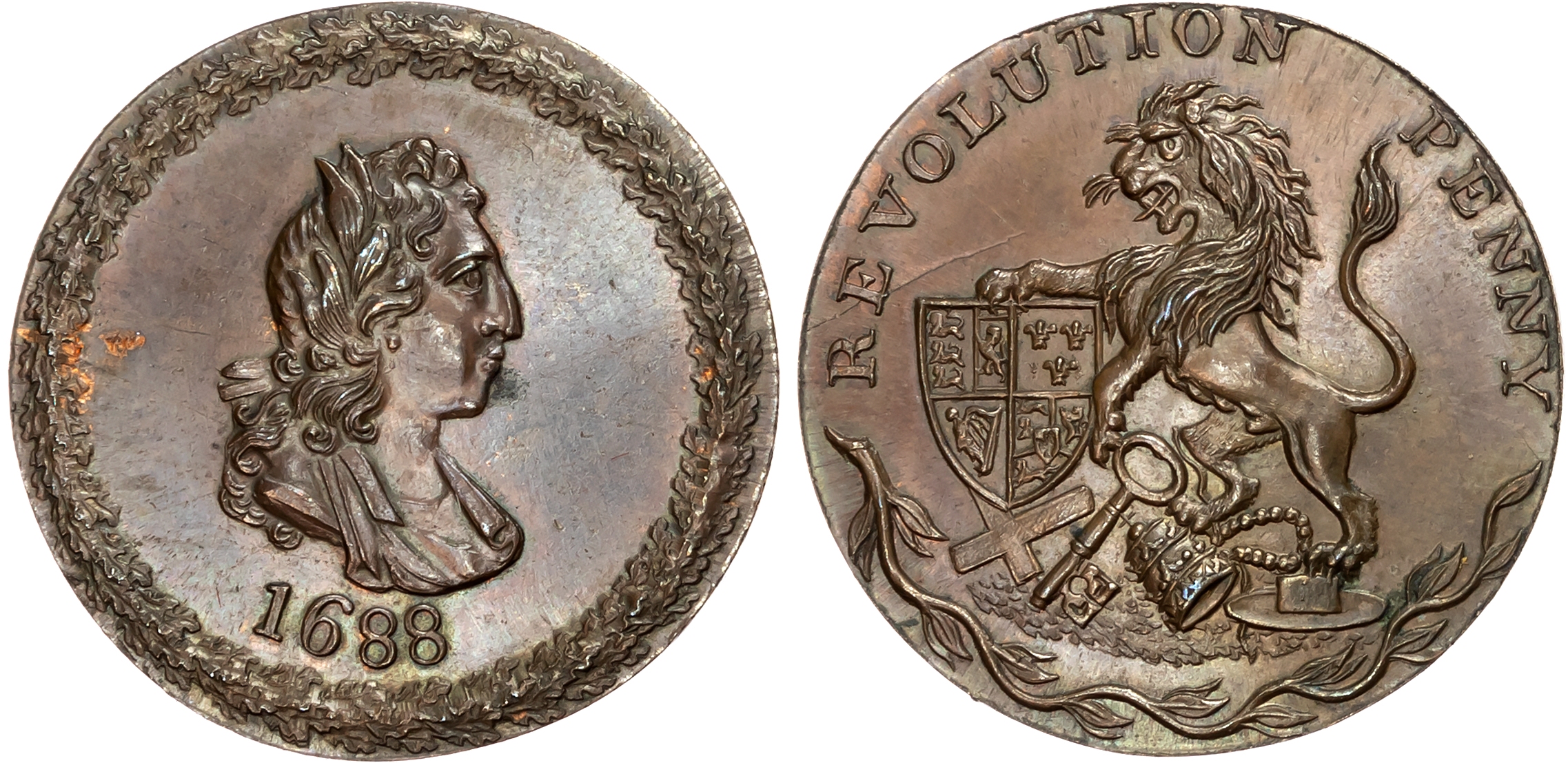 London, Political Series , Skidmore’s Glorious Revolution Centenary Penny ( 1788), Bust of William III right, rev . Lion …