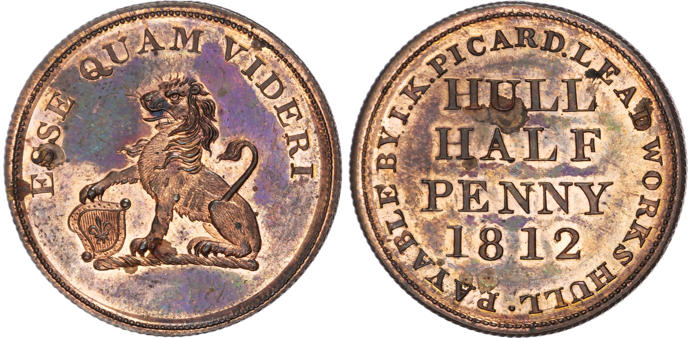 Hull , Yorks. J K Picard Halfpenny 1812, 4-line legend, rev. His family crest of a seated lion left bearing a …