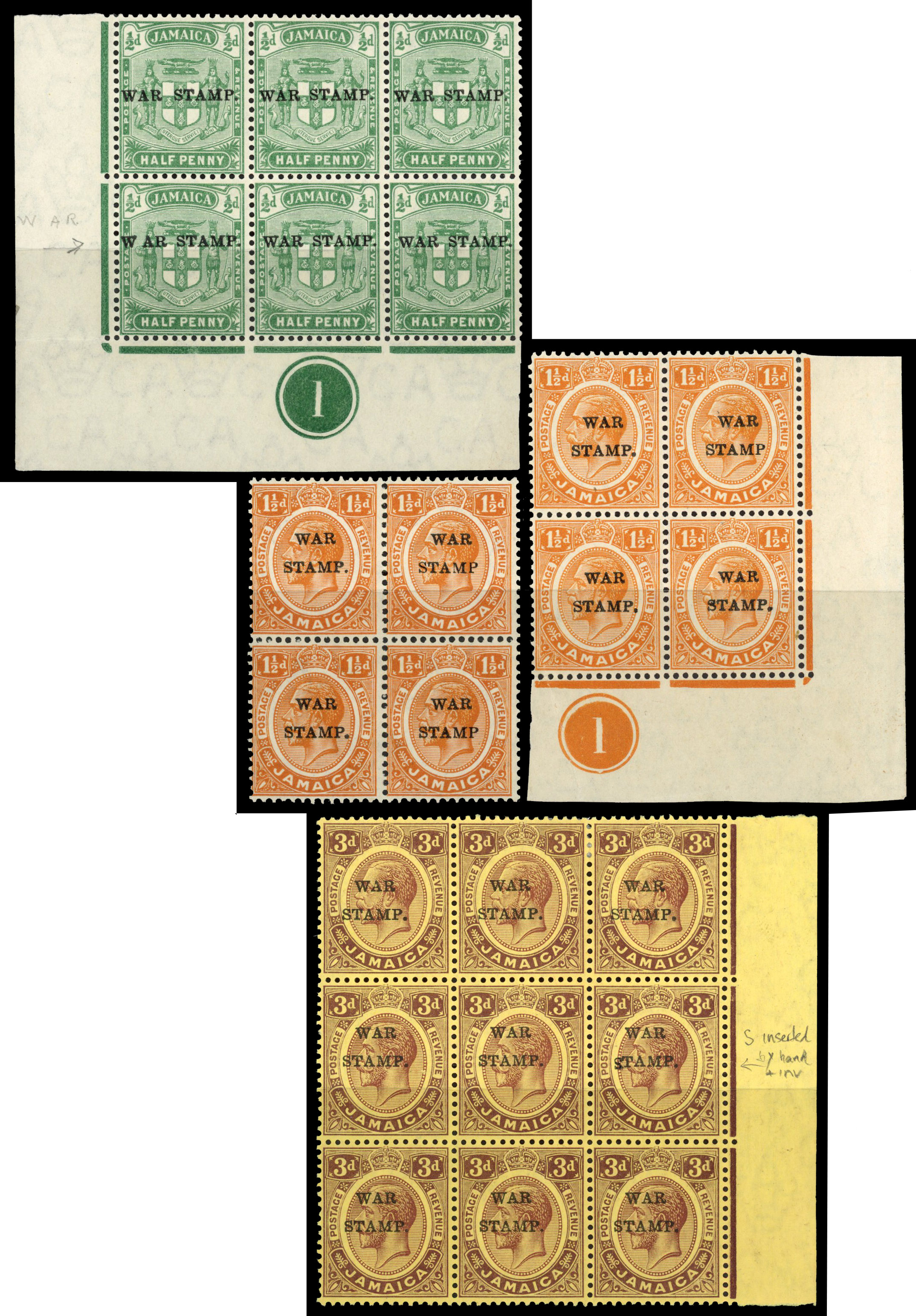 Jamaica 1916-21 War Tax selection of varieties, mostly mint
