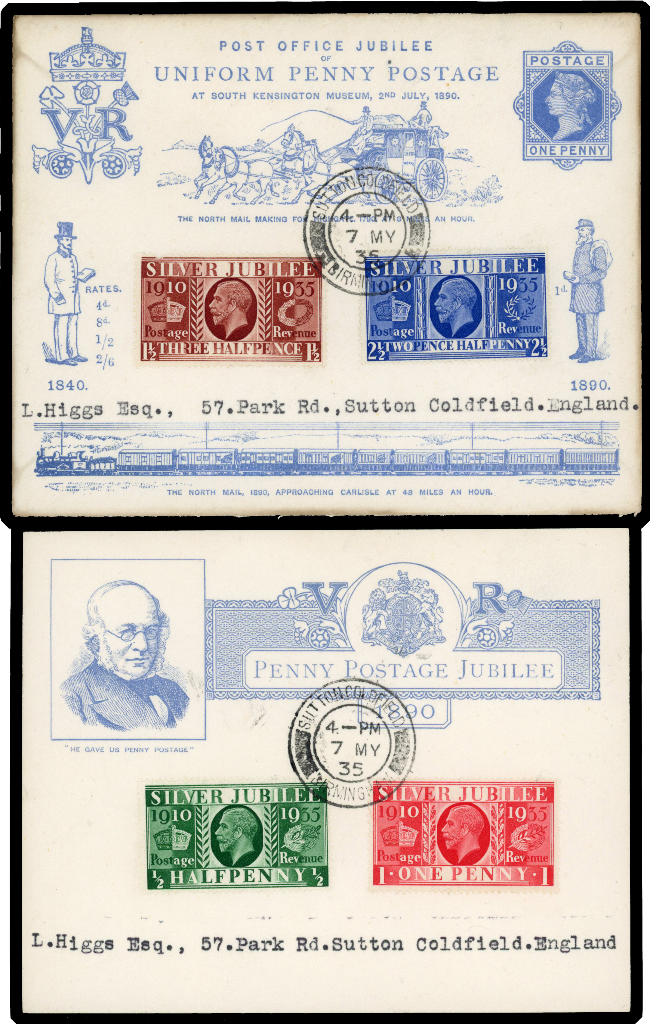 1935 ½d-2½d Silver Jubilee. Very fine pair of Penny Postage Jubilee stationery 