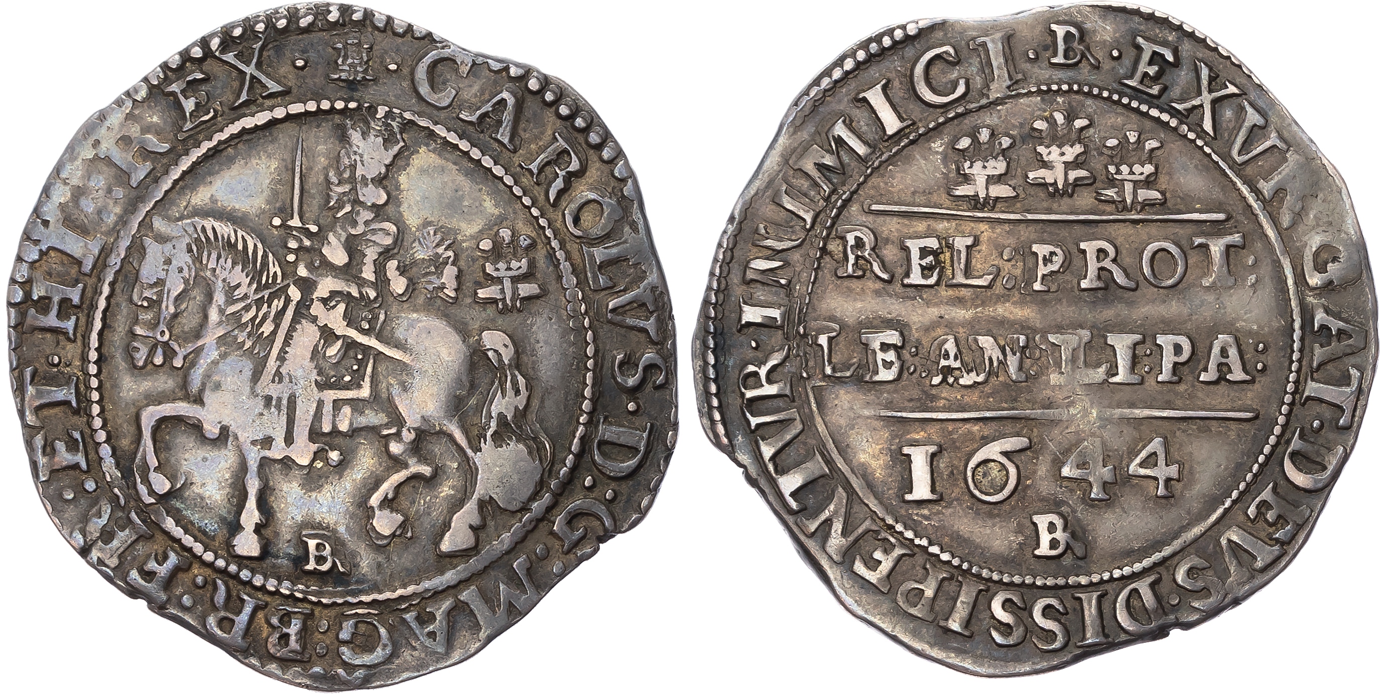 Charles I (1625-1649), AR Halfcrown 1644, Declaration type. Bristol mint; mm: Plumes/BR. Charles on horseback left, hold…