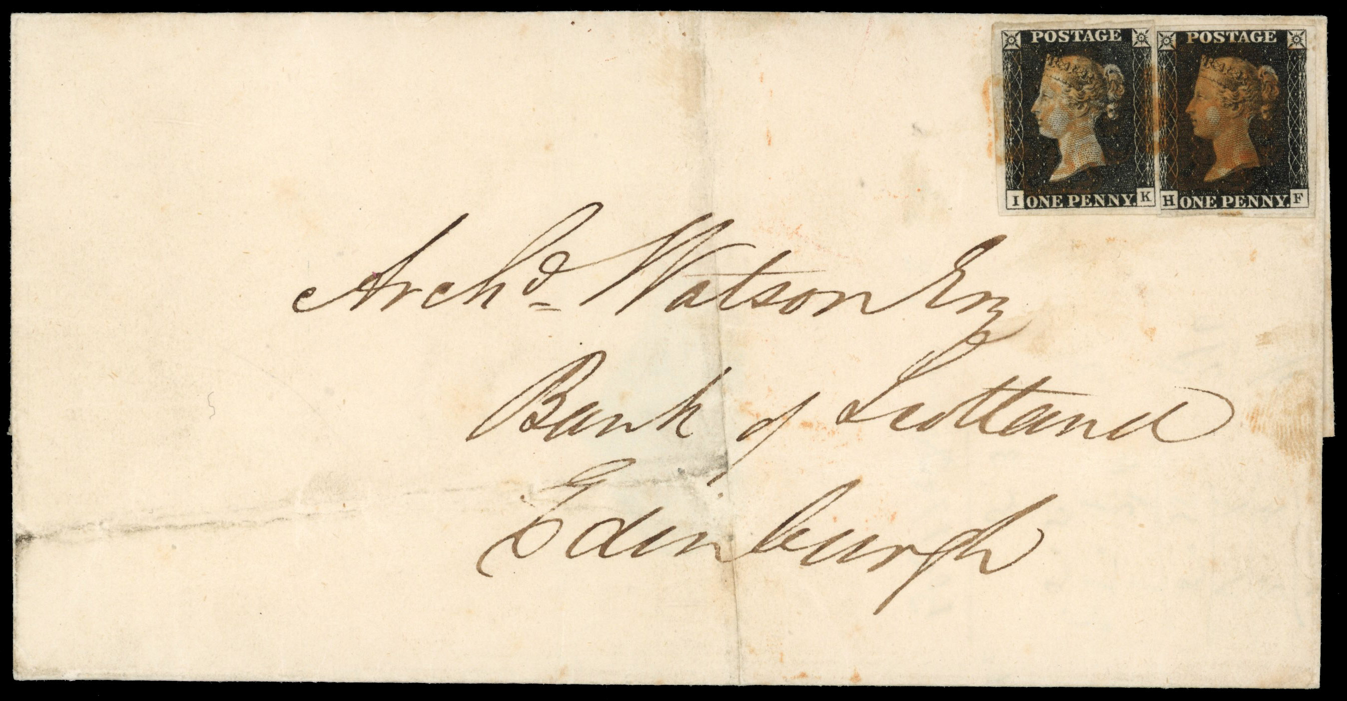 GB 1840 1d black, plate 1b, two singles on cover