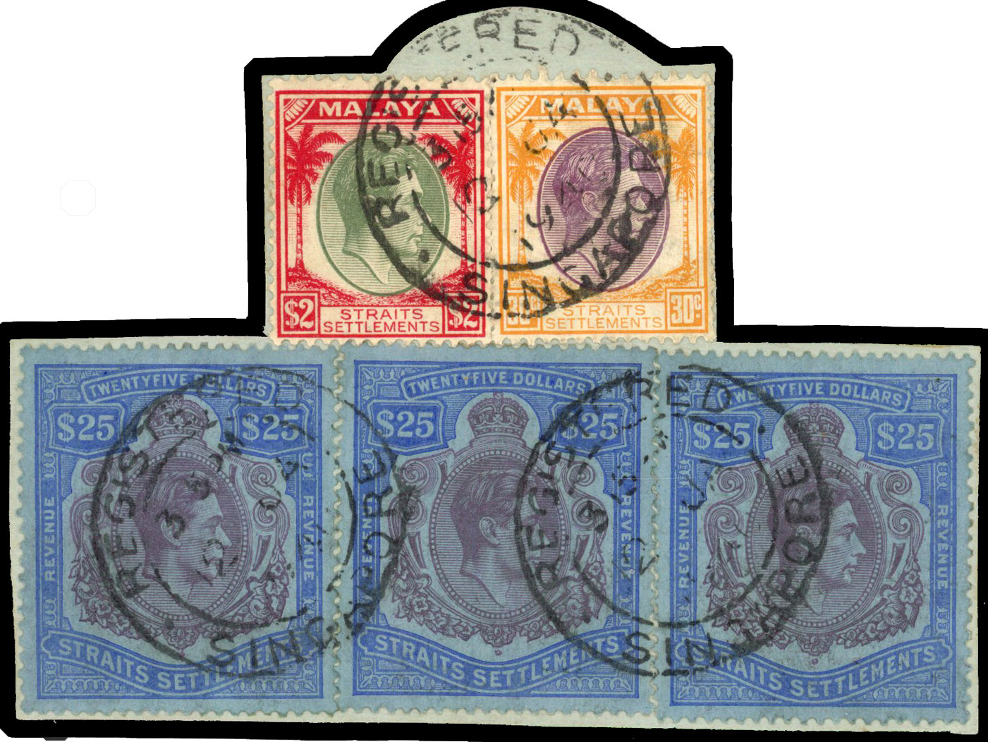 Straits Settlements 1938 KGVI $25 revenue used on piece