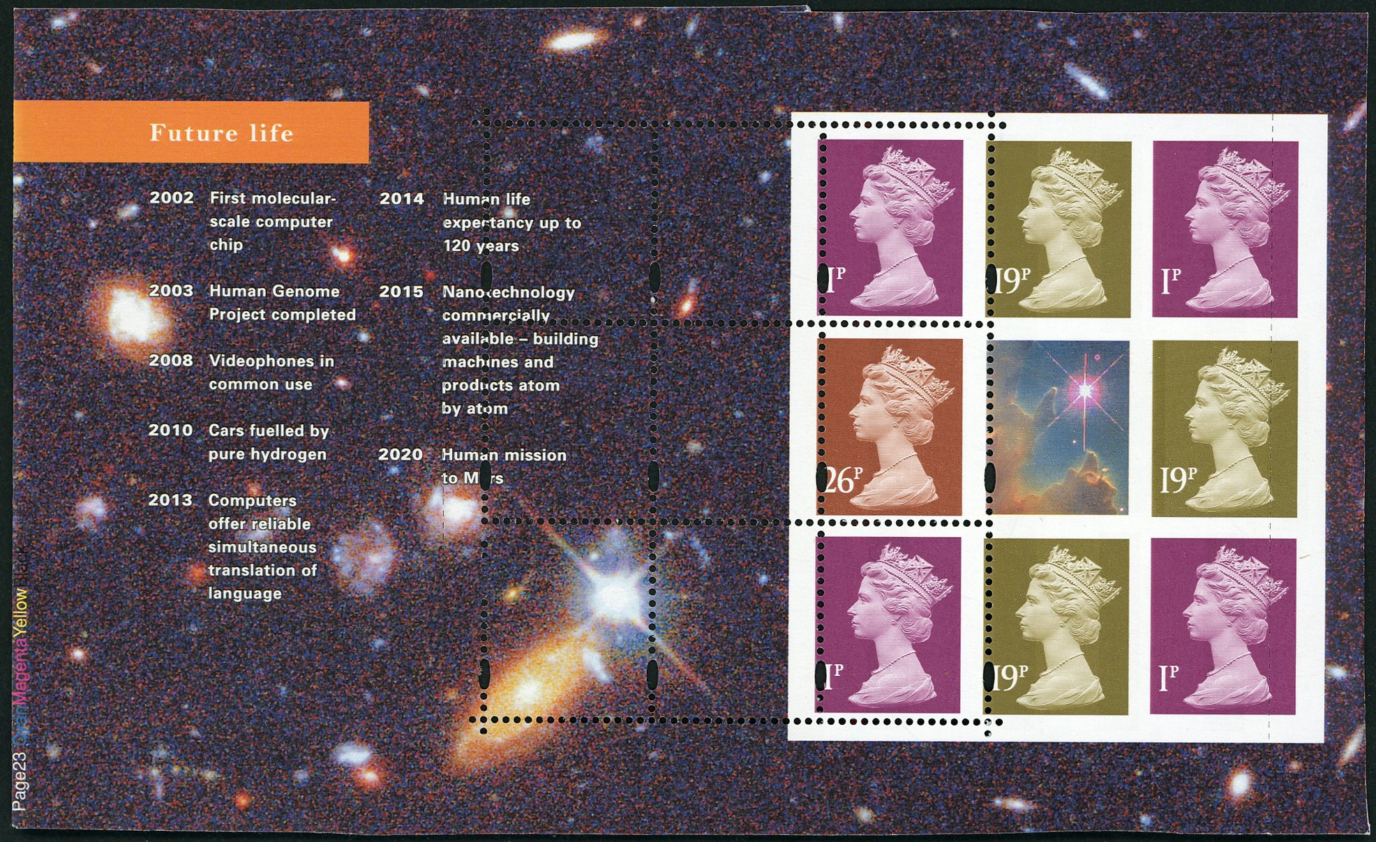 GB: 1999 Machin (last) pane from World Changers booklet, mis cut at top, rouletted through r/h stamps