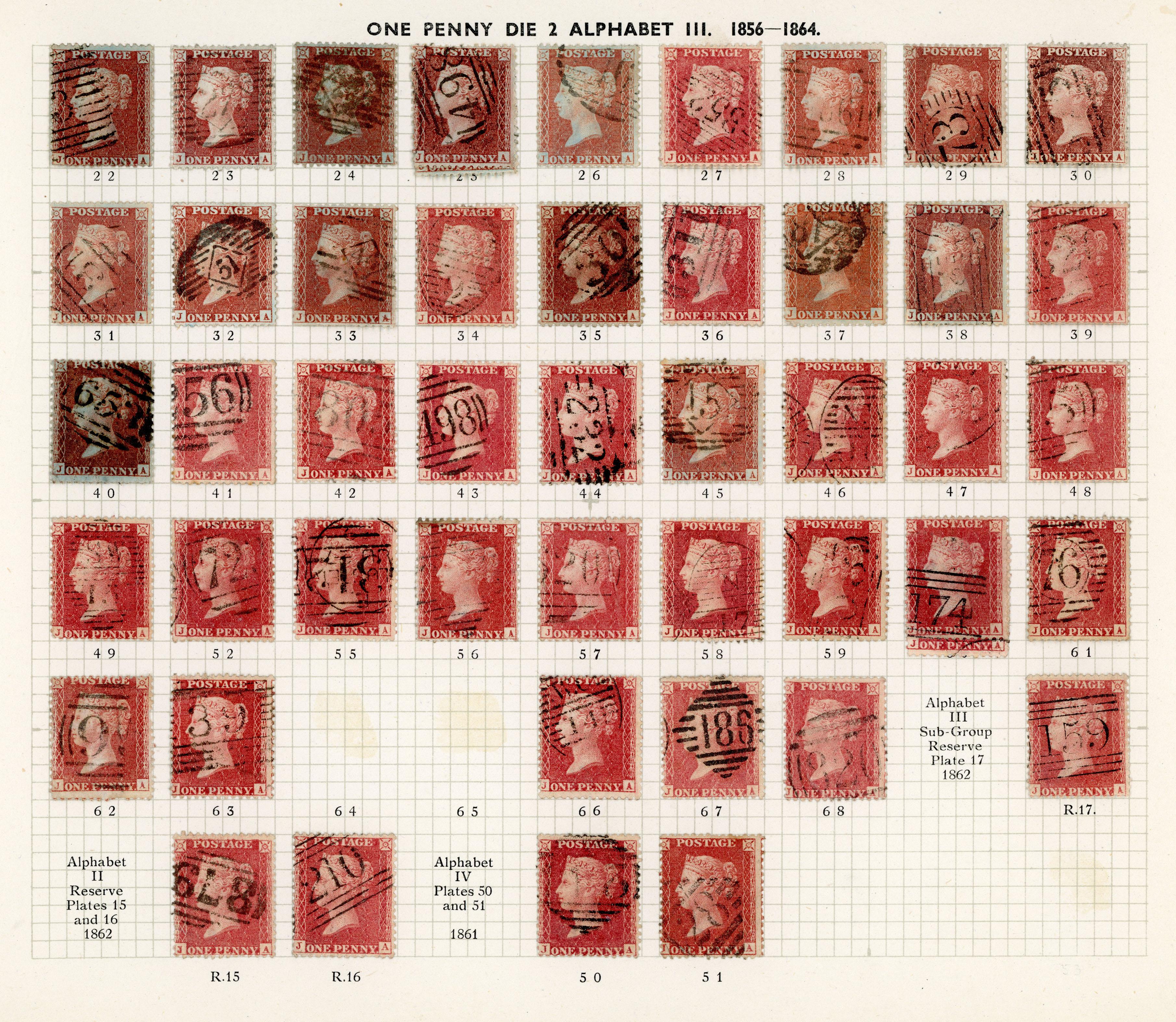 GB 1856-64 1d reds from Plates 22 - R17, the J Row
