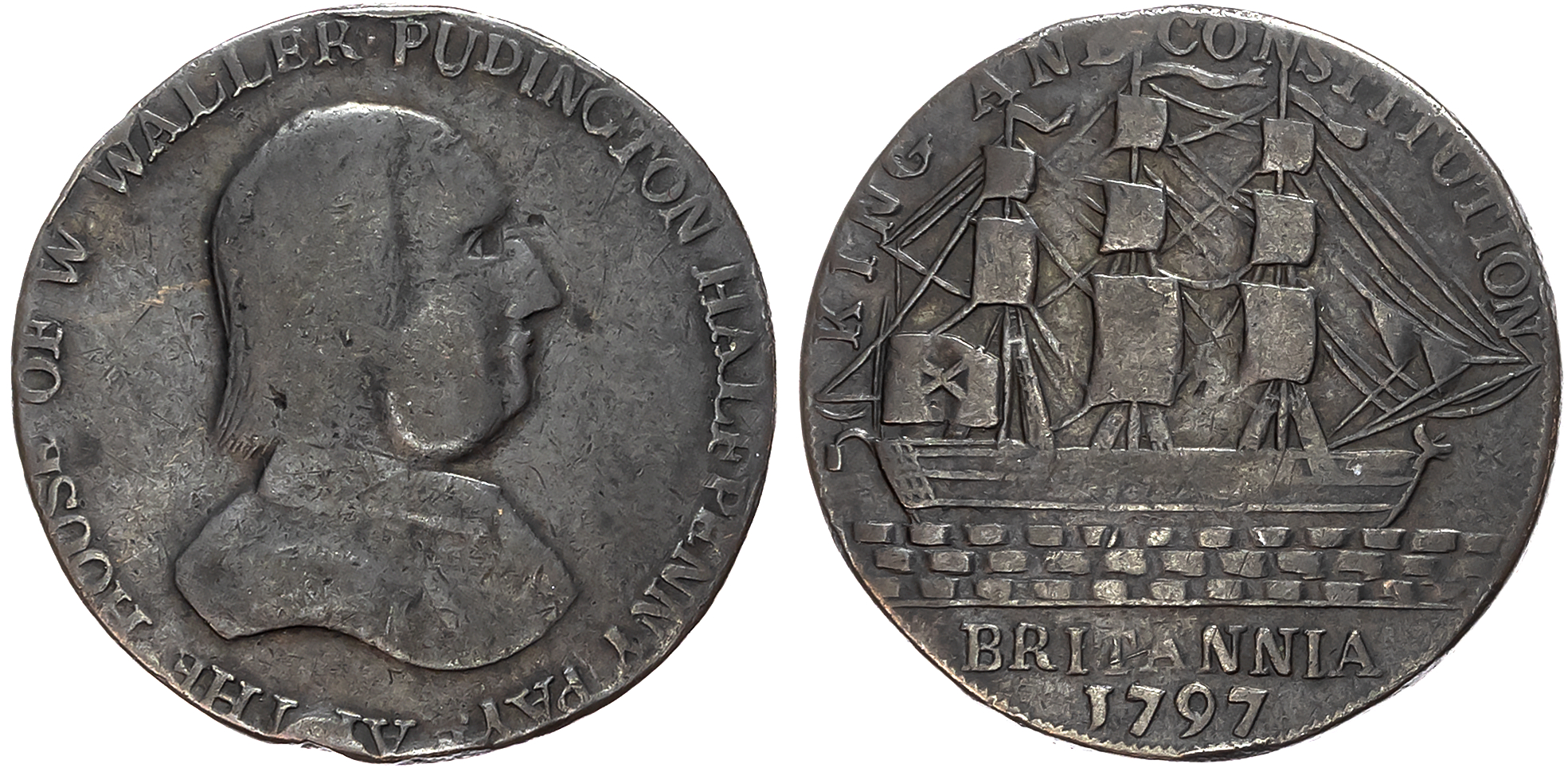 Dev. Puddington , W. Waller (ironmonger) Halfpenny, 1797, His bust right, rev. ship in full sale, edge plain. 29.5mm/8.1 …