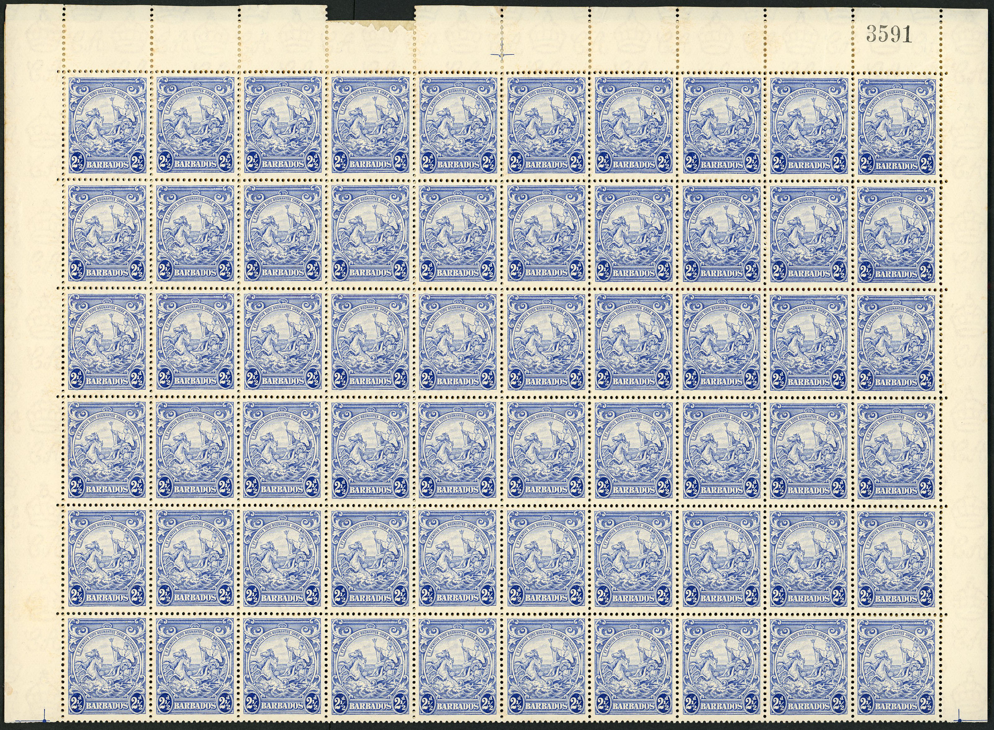 1938 2½d ultramarine sheet of 120, central horizontal fold, unmounted o.g. with good gum for this stamp. R1-3/3 mark on...